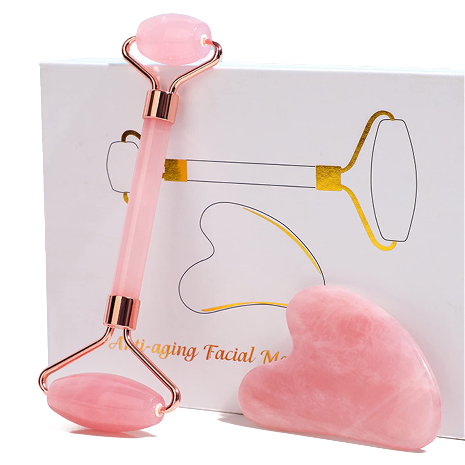 Natural Rose Quartz Jade Roller & Gua Sha Set - Facial Massage Tools for Skin Care, Anti-Aging & Lymphatic Drainage - Pink Beauty Roller for Face & Neck (Perfect for Daily Skincare Routine & Relaxation)