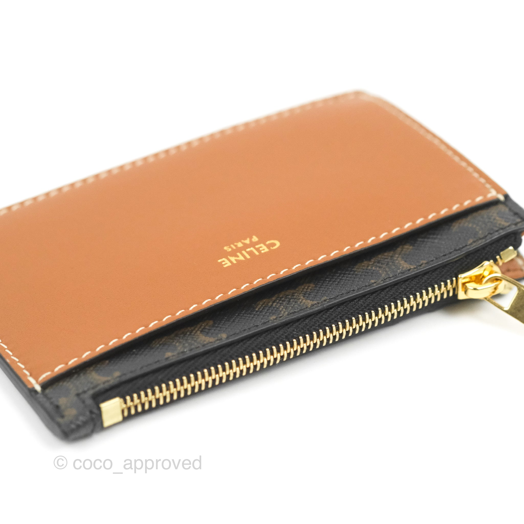 Celine Triomphe Canvas Zipped Card Holder in Tan Lambskin Leather - Luxury Compact Wallet for Everyday Use & Travel Essentials