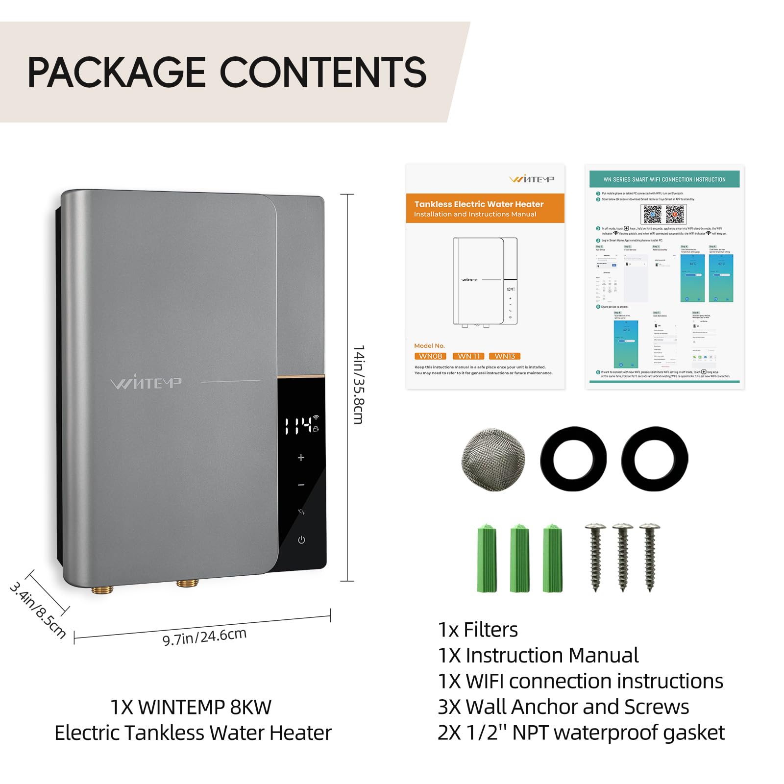 8KW 240V Tankless Electric Water Heater - On-Demand Instant Hot Water with WiFi Control & LED Display | Energy Efficient, Space-Saving Design by WINTEMP | Perfect for Homes, Apartments, RV & Off-Grid Living