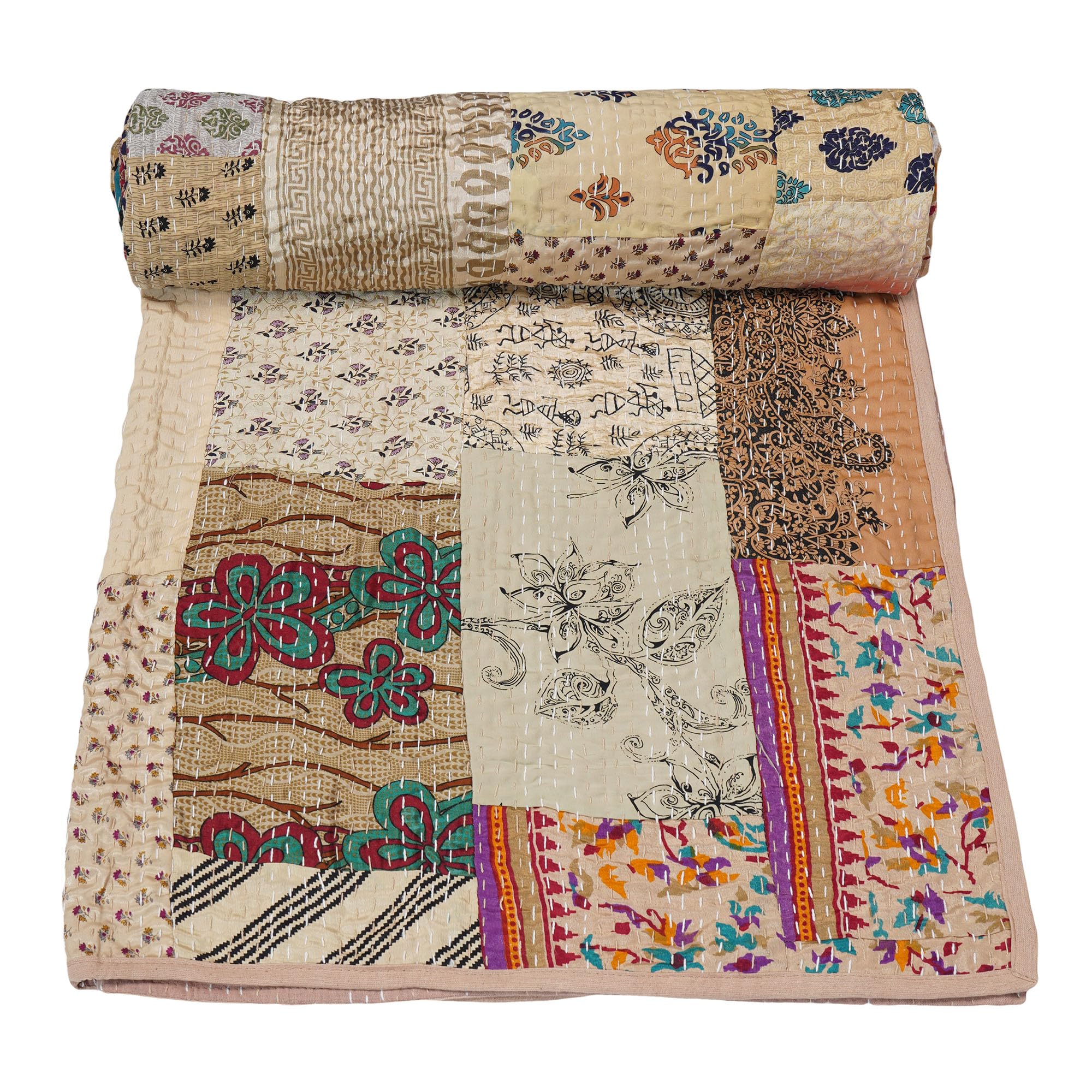 Marubhumi Handmade Cotton Kantha Quilt - Indian Silk Sari Patchwork Blanket, Queen Size 90x108 Inches, Skin Cream - Cozy Bedspread for Home Decor, Guest Room & Boho Chic Style