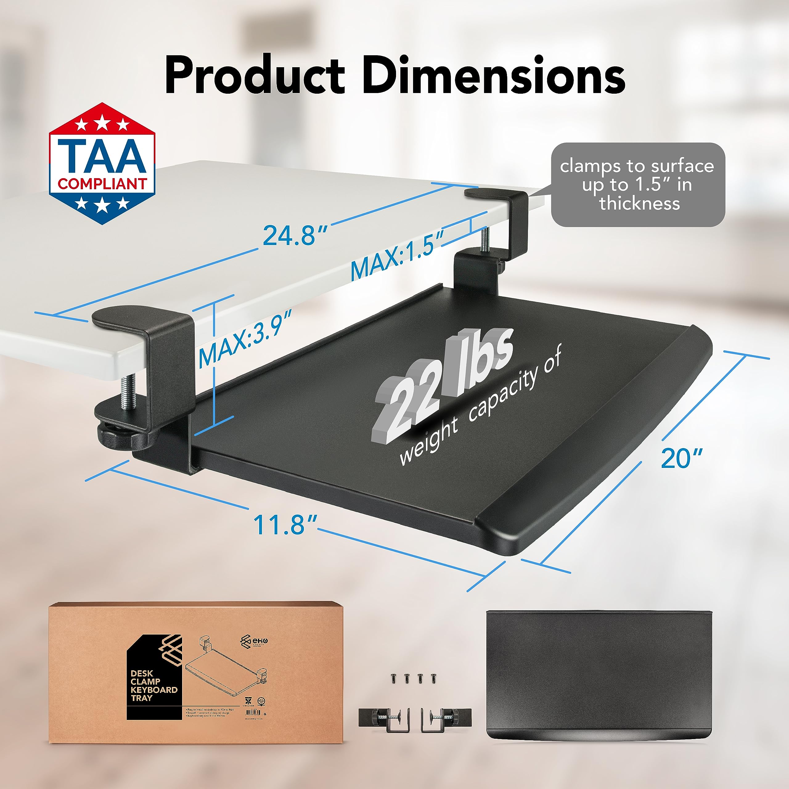 EHO Clamp-On Retractable Adjustable Keyboard Tray - Under Desk Ergonomic Keyboard Tray for Office & Home - Tool-Free Installation - 20