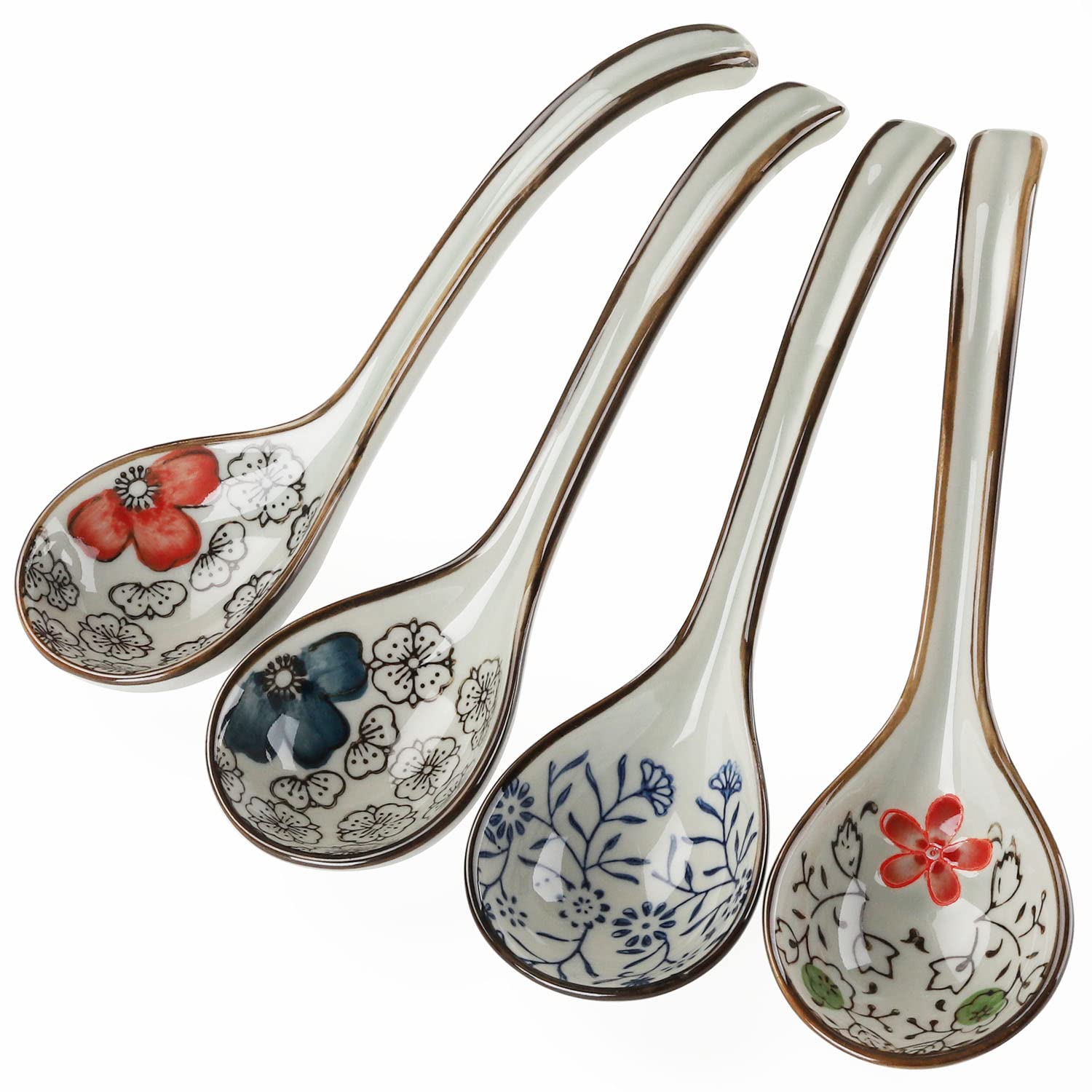 Premium Japanese Ceramic Soup Spoons Set of 4 - Long Handle Porcelain Asian Soup Spoons for Pho, Ramen, Noodles, Wonton & Dumplings - Ideal for Asian Cuisine, Restaurants & Home Dining (Model 2)