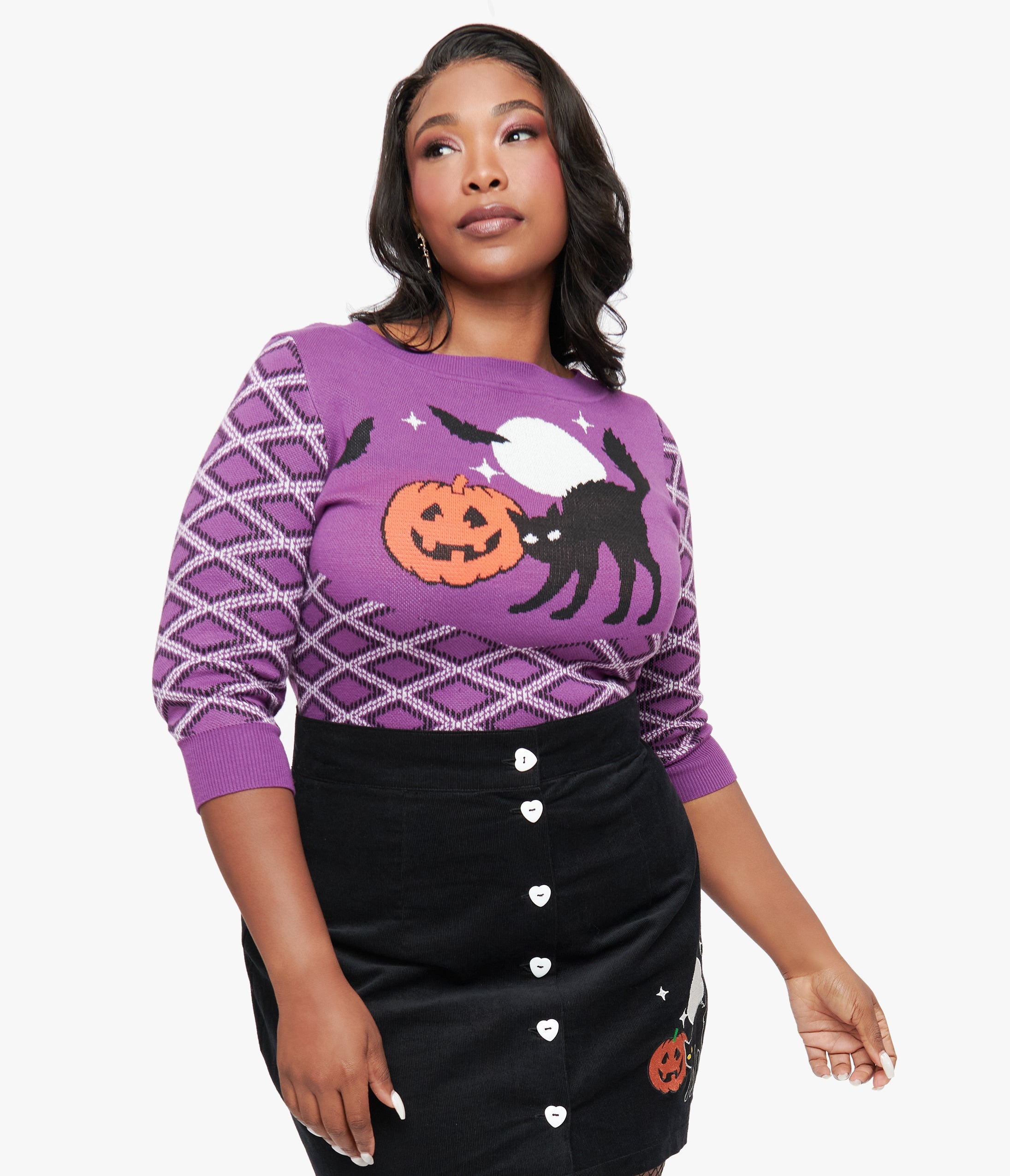 Smak Parlour Plus Size Purple Plaid & Black Cat Sweater - Cozy Fall Fashion for Women | Perfect for Halloween, Thanksgiving & Casual Outings