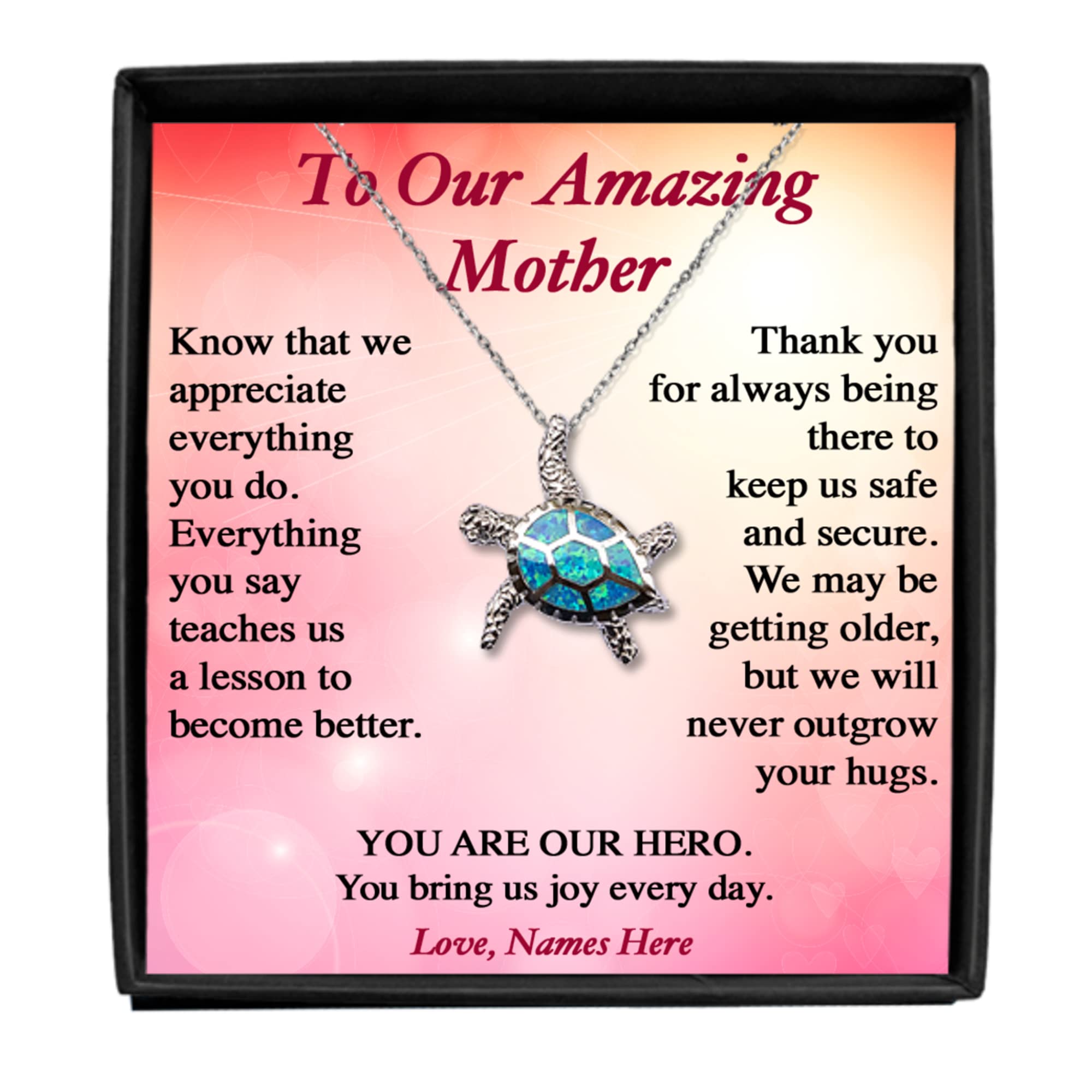 Personalized Opal Turtle Necklace for Mom - Sterling Silver Pendant with Custom Message Card - Mother's Day, Birthday Gift from Daughter or Son - Elegant Jewelry for Women - Perfect for Special Occasions & Everyday Wear