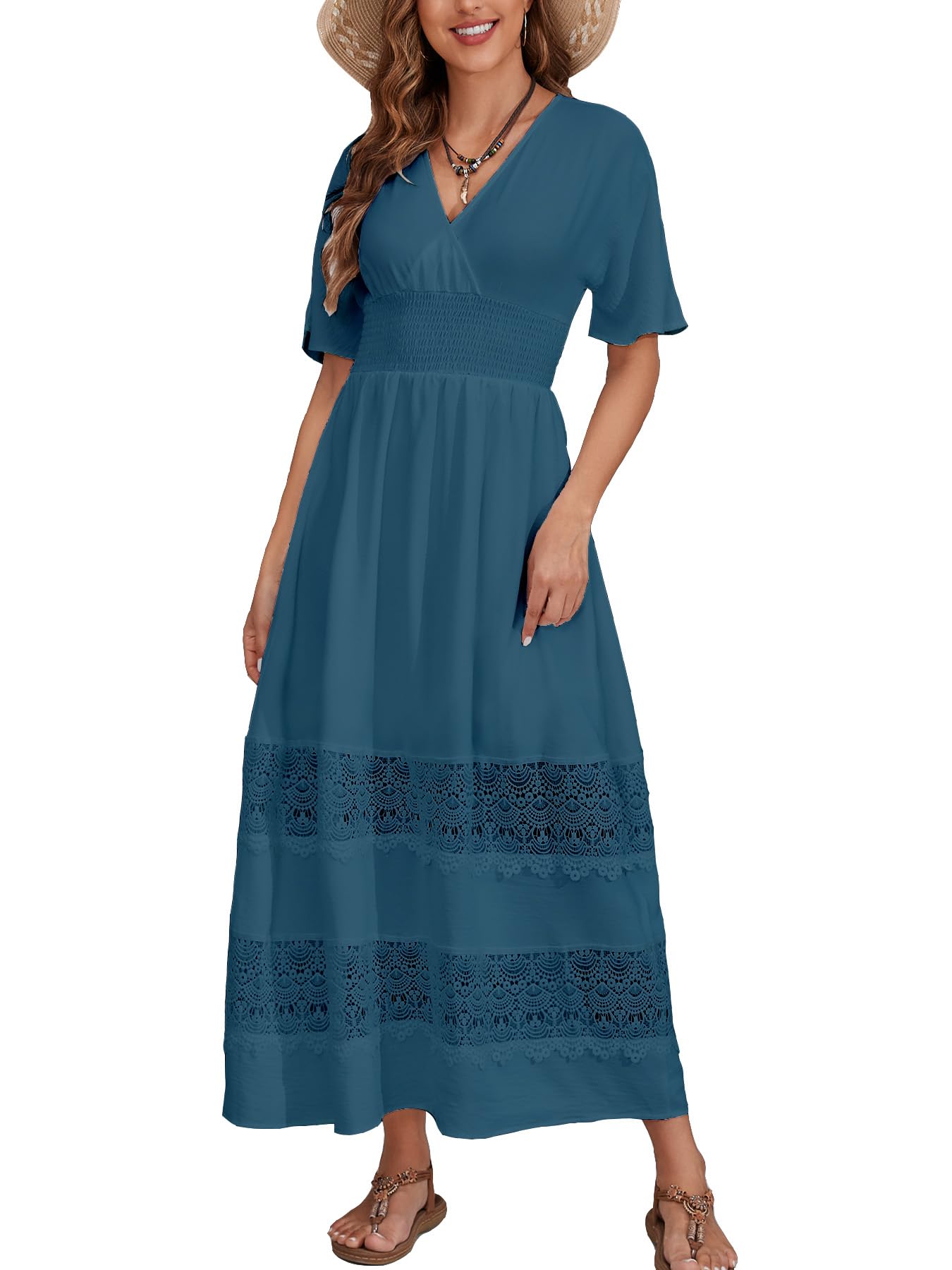 Boho Maxi Dress for Women 2025 | Summer V-Neck Lace Wedding Guest Dress with Smocked Waist | Flowy Bohemian Long Dresses for Beach, Party & Special Occasions