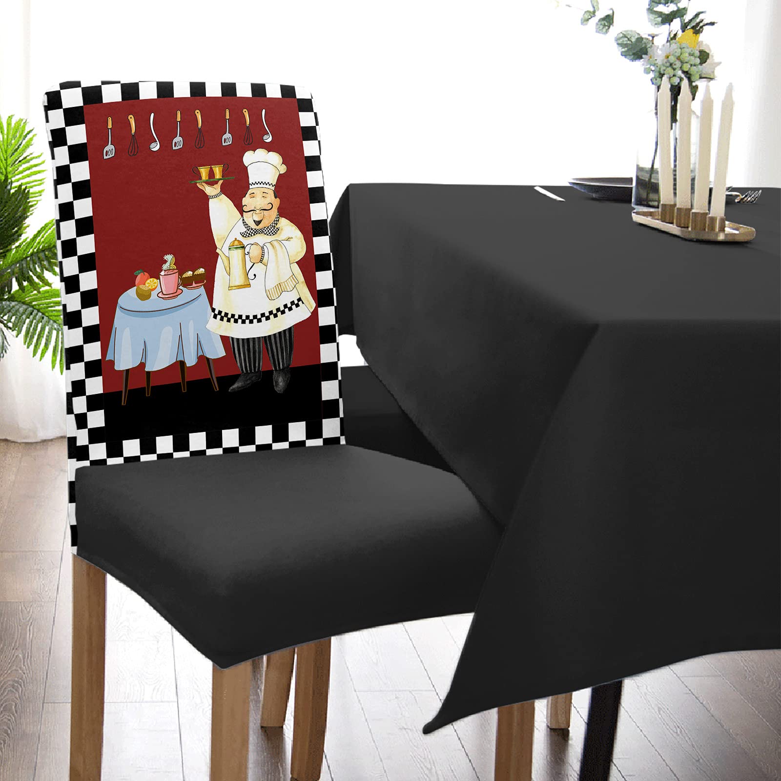 6-Piece Stretch Dining Chair Covers Set - Soft Washable Kitchen & Office Chair Protectors with Elastic Bottom - Black & White Buffalo Plaid Design | Perfect for Home, Restaurant, and Workplace Use