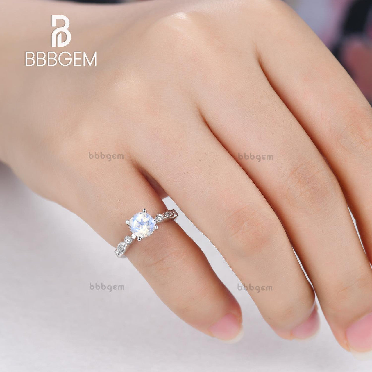 Antique Moonstone Engagement Ring 14k White Gold Marquise Milgrain Band - Vintage Style Wedding Ring for Women, Perfect for Proposals, Anniversaries & Special Occasions