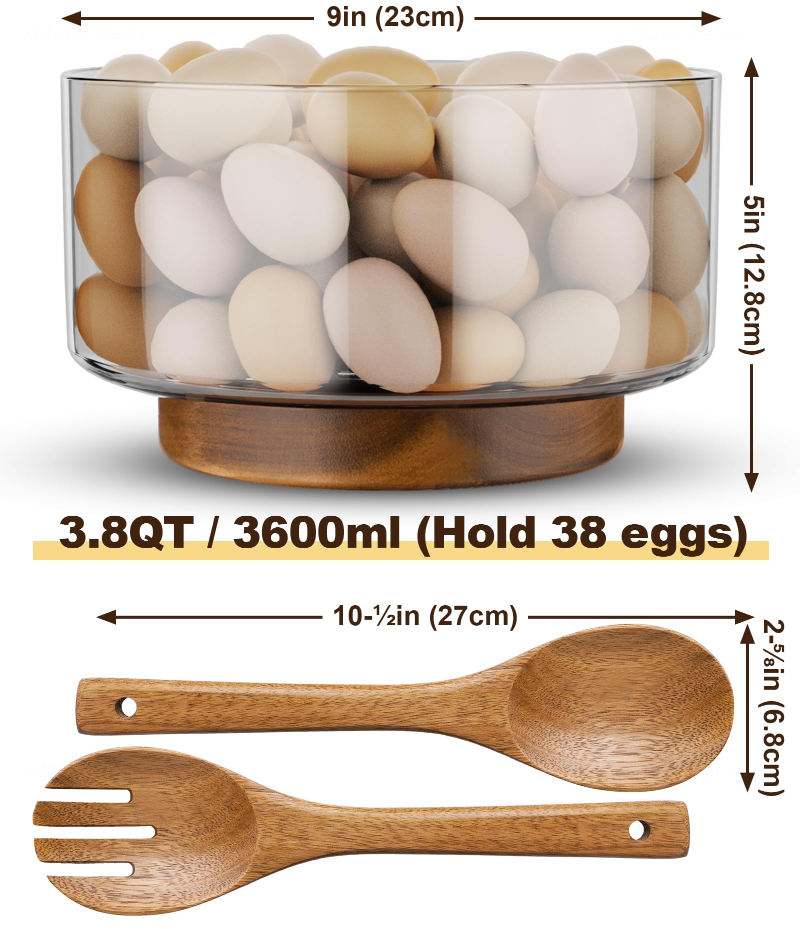 NiHome Large Glass Salad Bowl with Acacia Wood Tongs - 4.5QT Durable Serving Dish for Salads, Fruits, Pasta | Perfect for Family Dinners, Parties & Outdoor Picnics