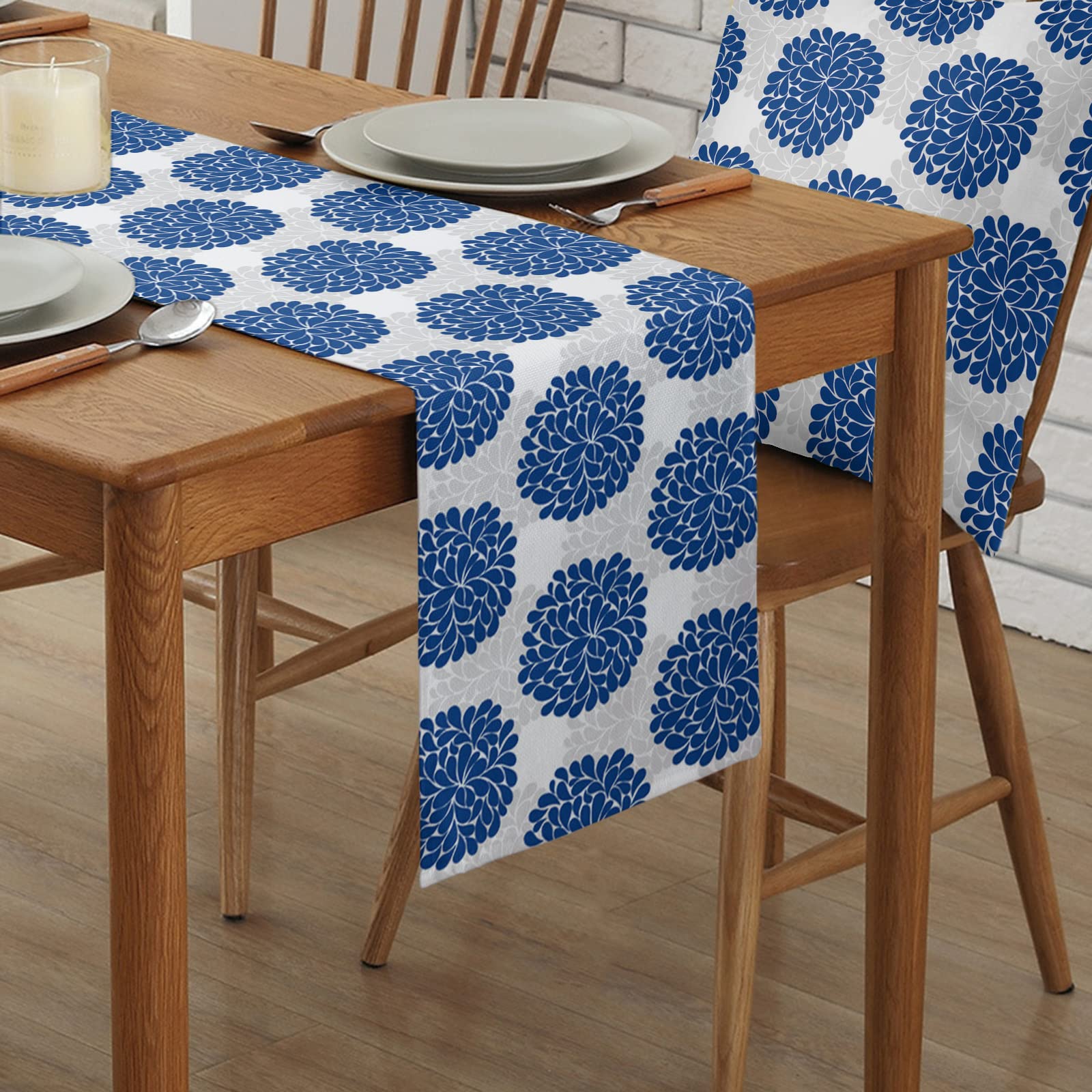 Blue Floral Burlap Table Runner 36 Inch - Farmhouse Linen Table Scarf for Kitchen, Dining, Coffee Table, Wedding & Banquet Decor - Hydrangea Pattern Gray Home Decoration