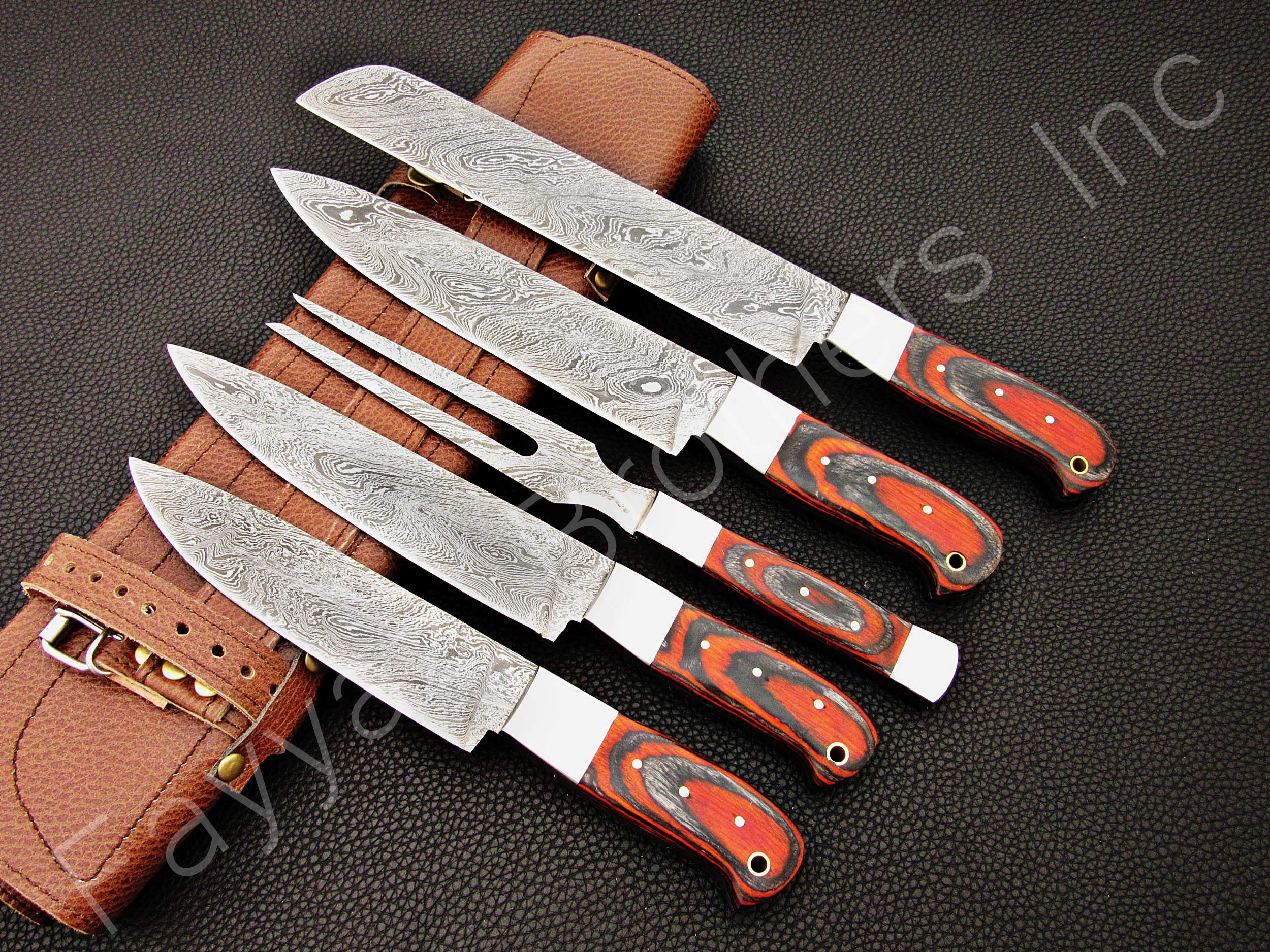 Premium Handmade Damascus Steel Kitchen Knives Set - 5-Piece Chef Knife Collection with Black & Red Wood Handle (FBK-1080) - Perfect for Professional Chefs, Home Cooking & Gourmet Gift Giving