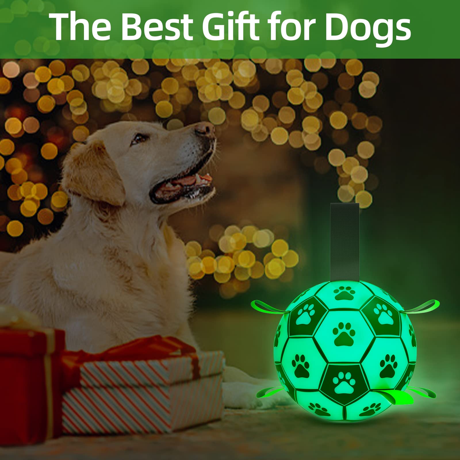 Glow in The Dark Dog Soccer Ball Toy with Straps - Interactive Chew & Tug Toy for Small & Medium Dogs - Perfect for Indoor/Outdoor Play, Training & Puppy Birthday Gifts (8 Inch Size 3) - Waterproof Light Up Ball for Nighttime Fetch & Backyard Fun
