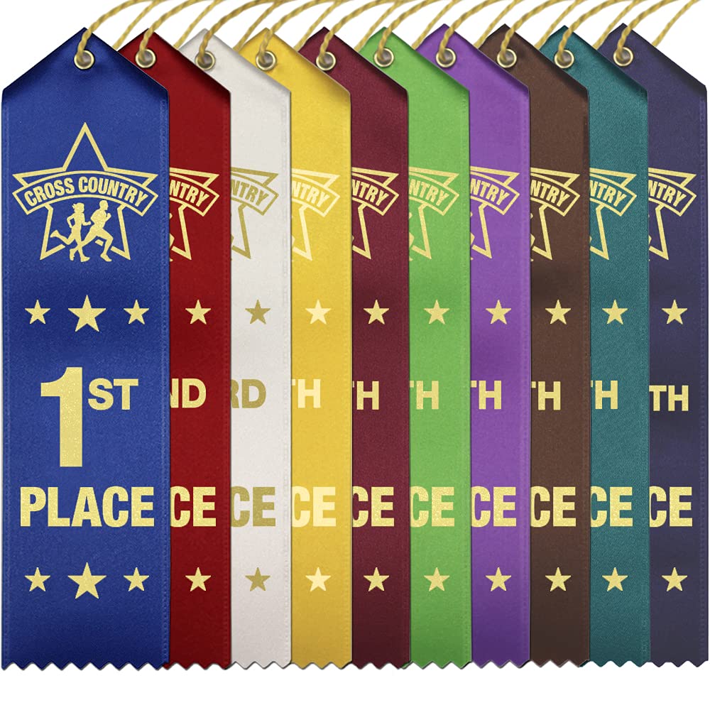 RibbonsNow 1st - 10th Place Cross Country Award Ribbons - 250 Pack (25 Each Place) with Card & String - Perfect for School Sports, Track Meets & Running Competitions
