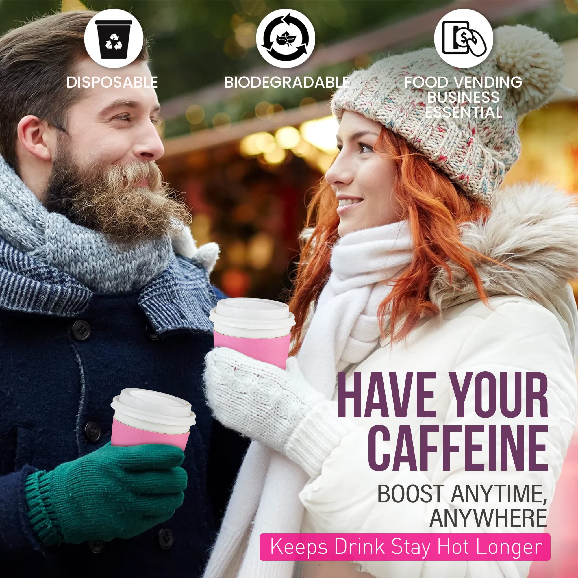 500 Pack 12 oz Disposable Paper Coffee Cups with Lids & Pink Sleeves - Leak Proof White Dome Lids for Hot/Cold Beverages, Tea, Juice - Perfect for Meal Prep, Coffee Shops, Office Parties & Takeout Drinks
