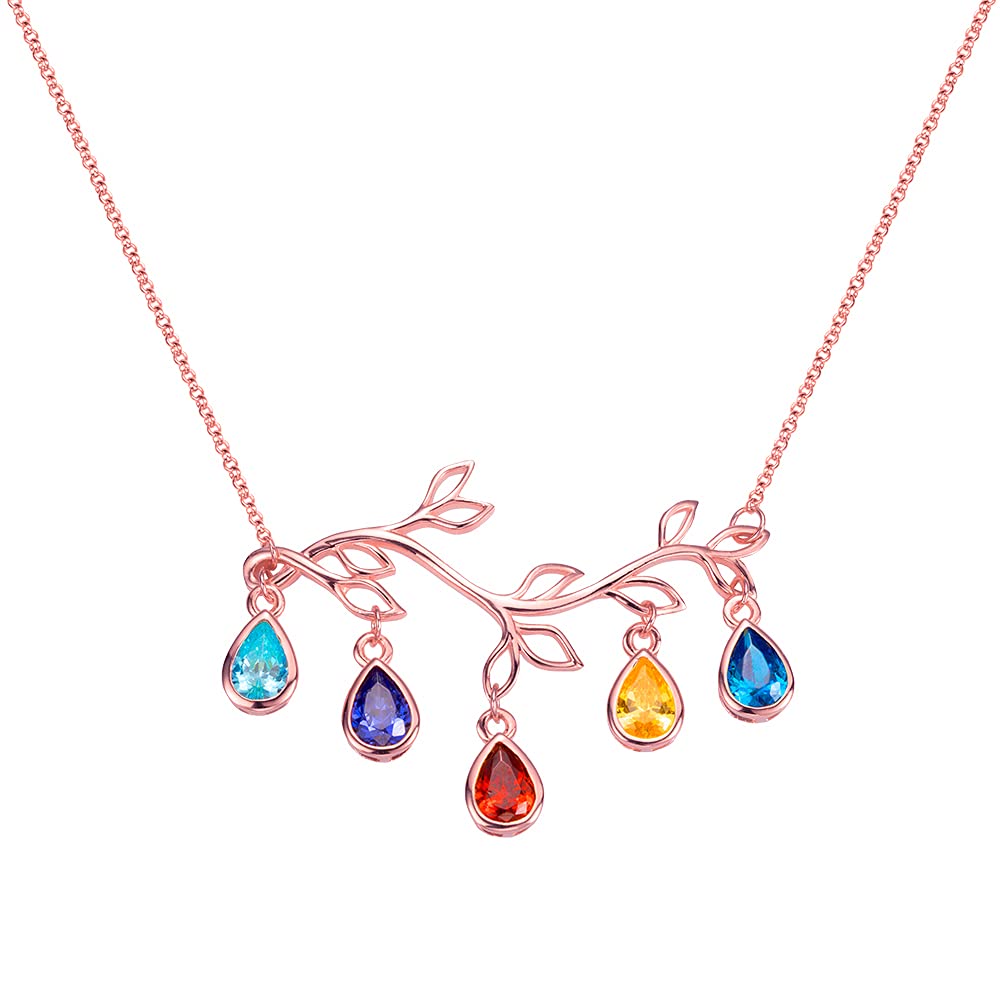 **10K 14K 18K Gold Personalized Birthstone Family Tree Necklace - Custom Colorful Rainbow Stone Pendant for Women & Girls - Valentine's Day, Christmas, Birthday Jewelry Gift - Perfect for Family Reunions, Anniversaries & Special Occasions**