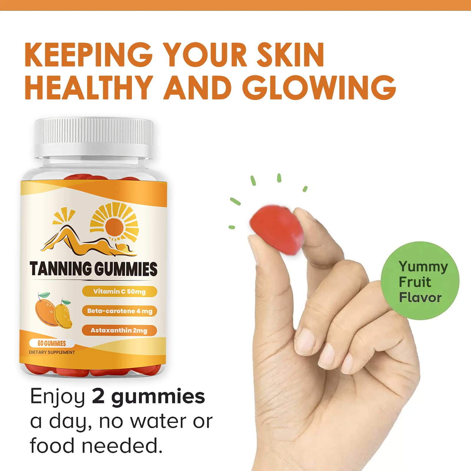 Super Tanning Gummies with Astaxanthin, Vitamin C & Turmeric - Natural Skin Glow Supplement for Healthy Tan (60 Count) | Sunless Tanning Boost for Beach & Summer Vacation Prep