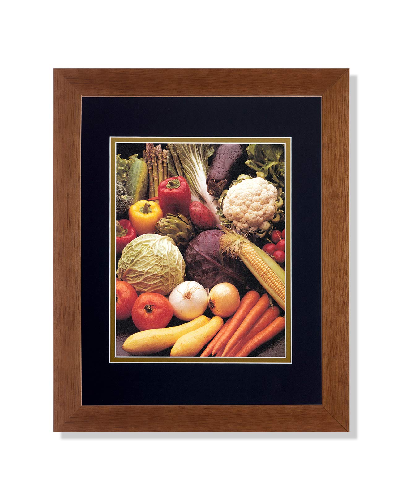 Art Prints - Squash, Carrots, Corn, Peppers & Onions Kitchen Wall Decor - Matted Photo with Honey Frame - Perfect for Farmhouse, Country Kitchen & Dining Room Decor