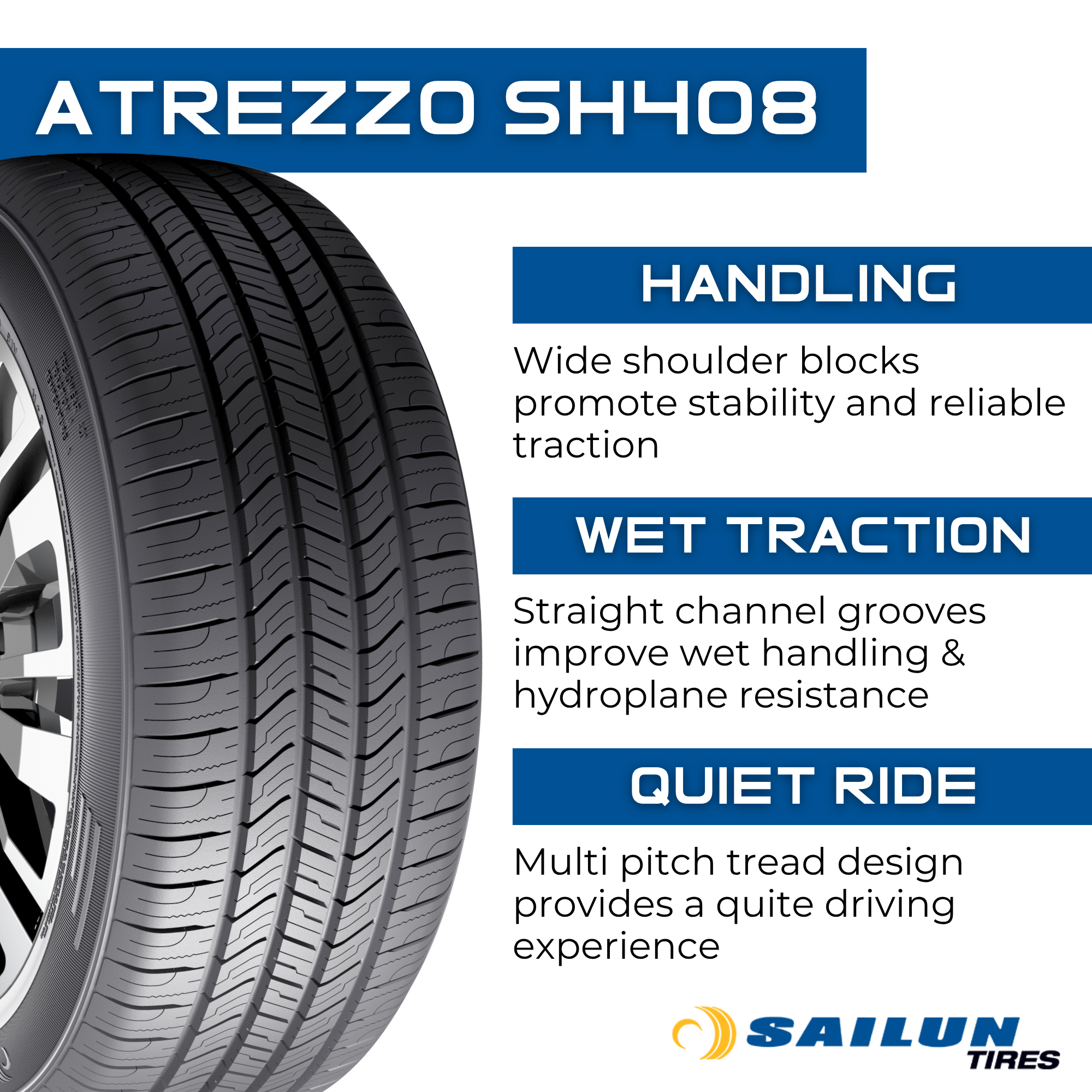 Sailun Atrezzo SH408 195/50R16 84V All-Season Performance Tires - High Traction for Sedans & Compact Cars - Ideal for Daily Commuting & Highway Driving