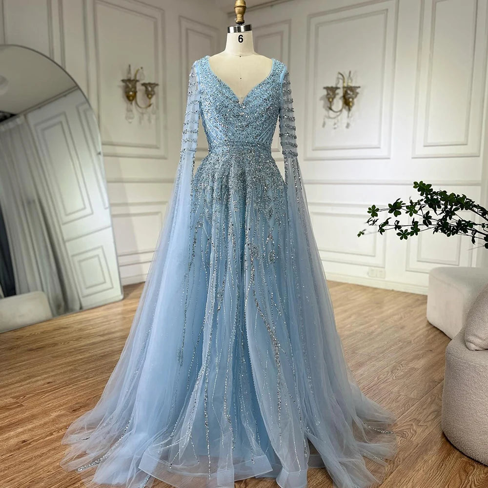 Elegant Beaded Long Evening Gowns with Cape Sleeves - Luxury Dubai Arabic Caramel A-Line Formal Dress for Women | Perfect for Weddings, Galas & Special Occasions LA72750