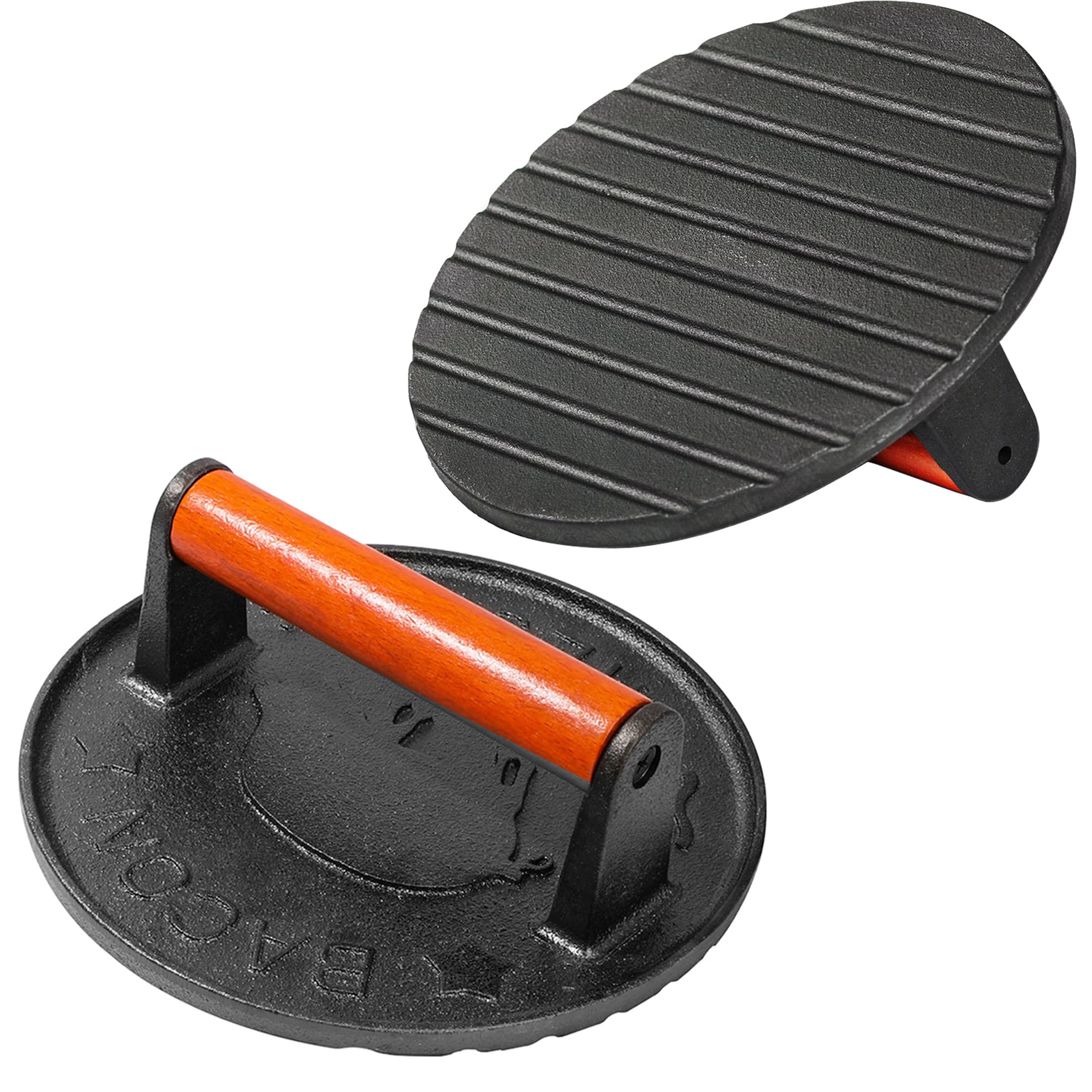 Vivicreate 7 Inch Cast Iron Burger Smasher with Wooden Handle - Heavy Duty Patty Press for Hamburgers, Bacon, and BBQ - Perfect for Grilling, Griddle Cooking, and Outdoor Barbecue Parties