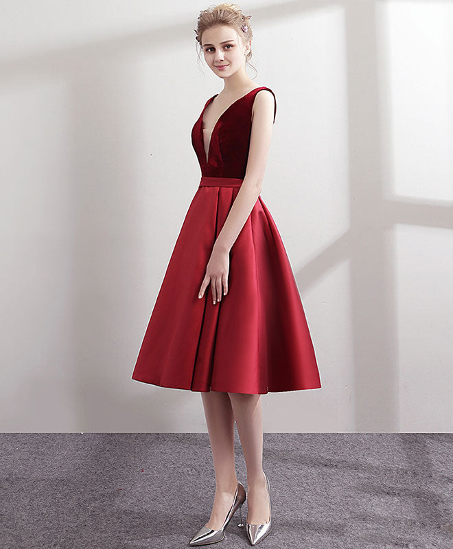 Elegant Burgundy Satin V-Neck Short Prom Dress | Homecoming Party Dress for Women | Perfect for Dances, Formals & Special Occasions