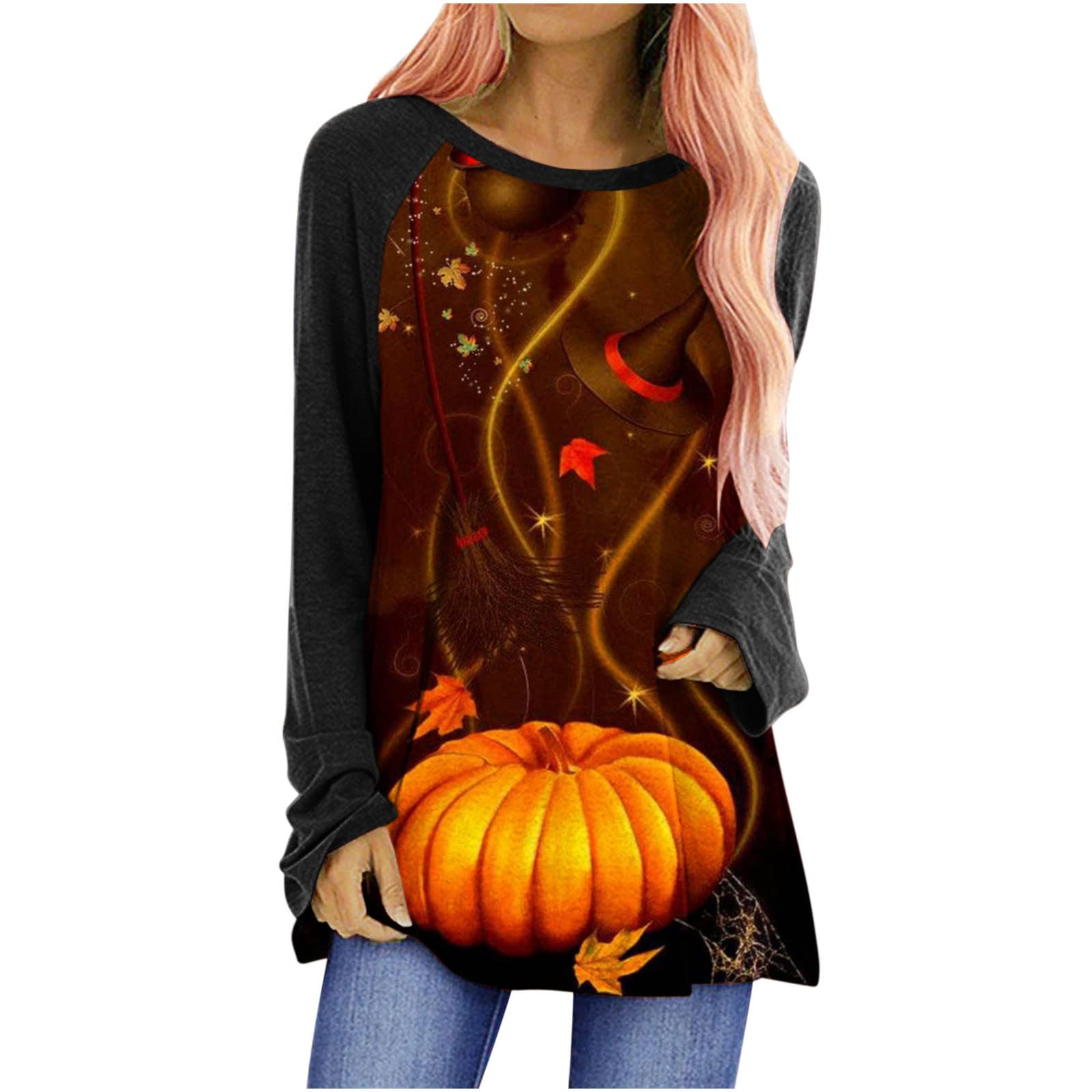 Women's Long Sleeve Tunic Tops - Cute Cat & Pumpkin Print Sweatshirts | Casual Flowy Pullover Blouse for Halloween & Fall Fashion | Perfect for Costume Parties, Pumpkin Patches & Autumn Outfits