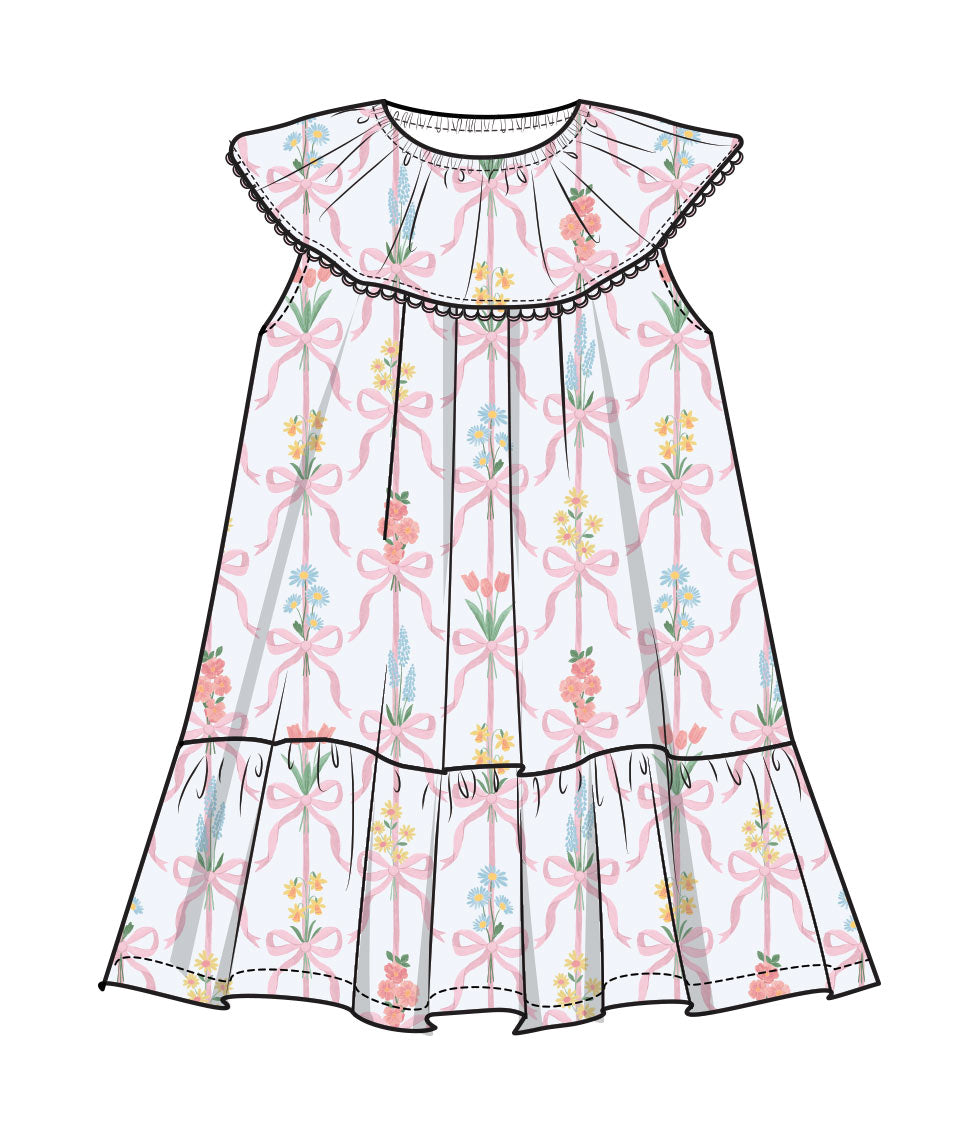 Elegant Ribbon Bouquets Muslin Circle Neck Ruffle Dress for Women | Boho Chic Summer Maxi Dress | Perfect for Weddings, Beach Vacations & Special Occasions