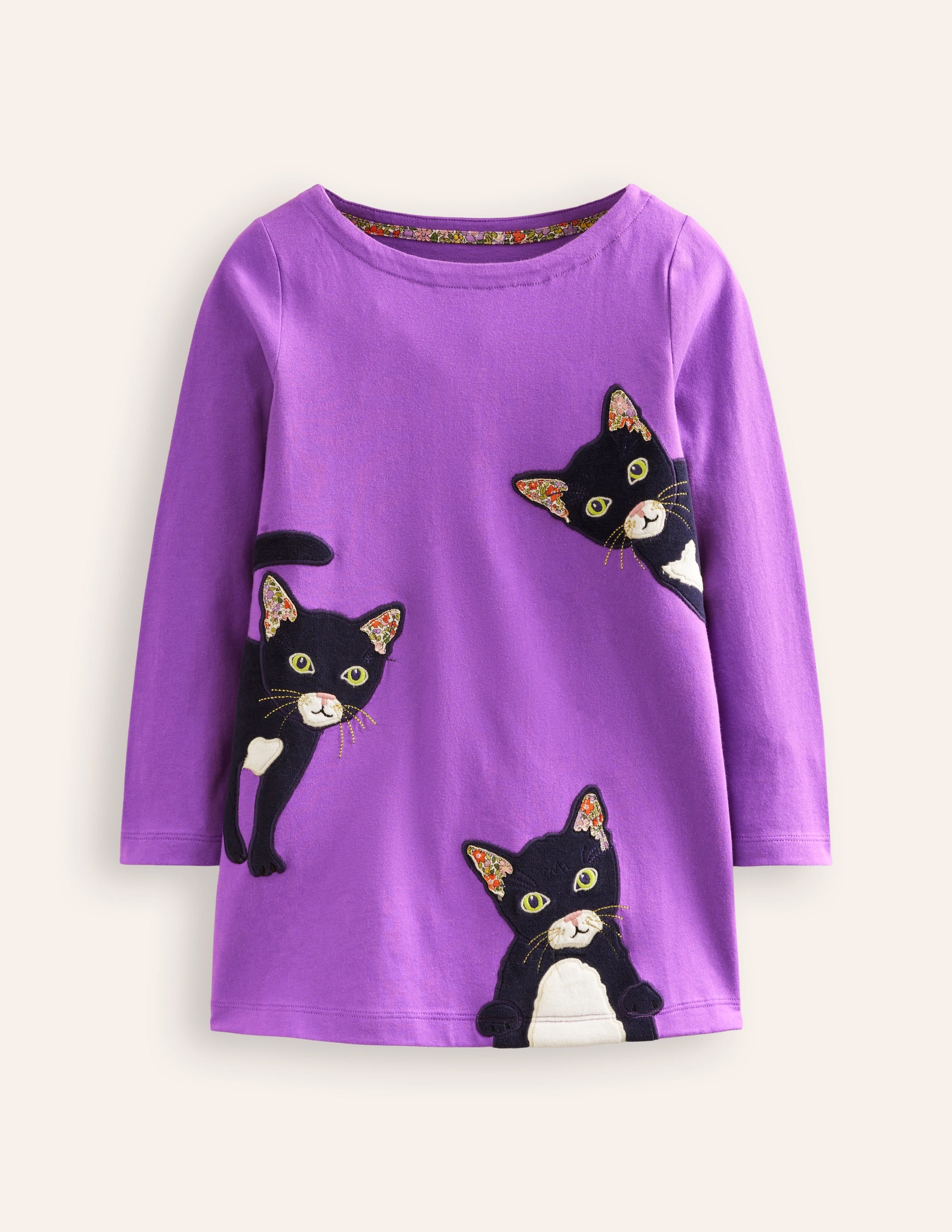 Appliqué Jersey Tunic Top in Pansy Purple with Cat Design - Perfect for Casual Wear, Work Office & Spring Outfits