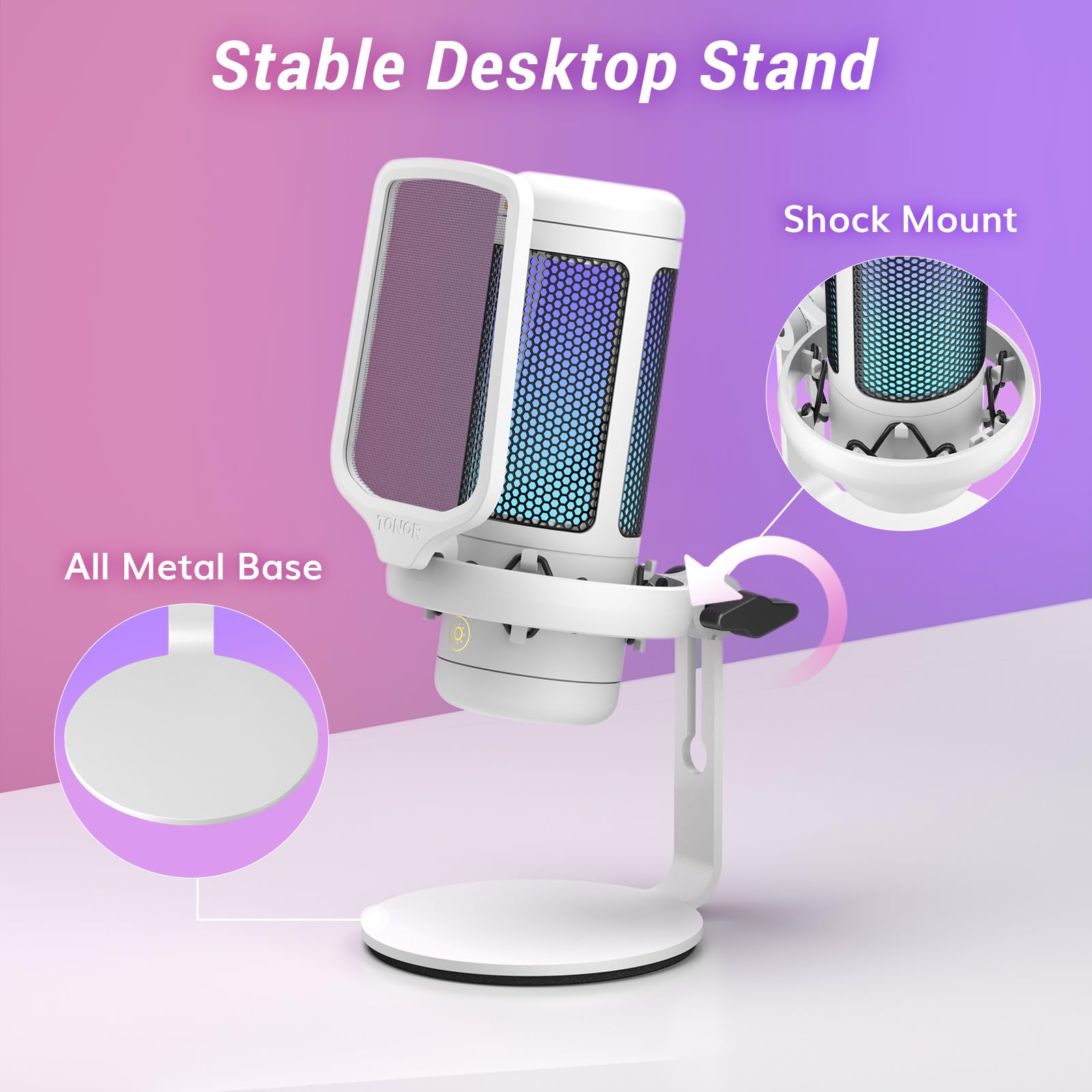 TONOR TC320 USB Gaming Microphone with RGB Lighting & Gain Control - Condenser PC Mic for Streaming, Podcasting, Recording on Twitch, YouTube, Discord - Compatible with Mac, PS4, PS5, Nintendo Switch - Perfect for Home Studios & Professional Content Creation (White)