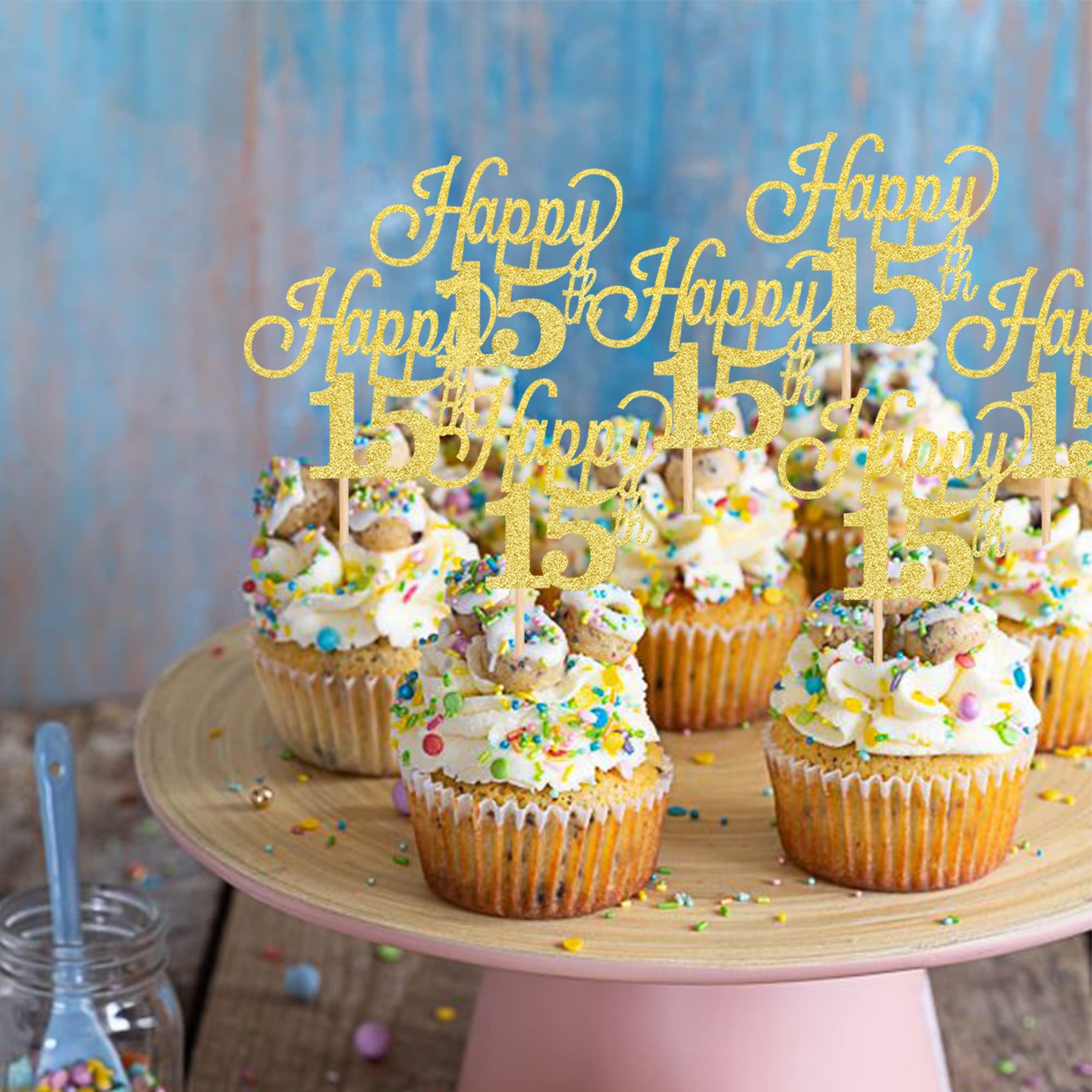24 Pack Gold Glitter Number 15 Cupcake Toppers - Happy 15th Birthday Decorations, Fifteen Anniversary Party Supplies for Wedding, Sweet 16 & Quinceañera Celebrations