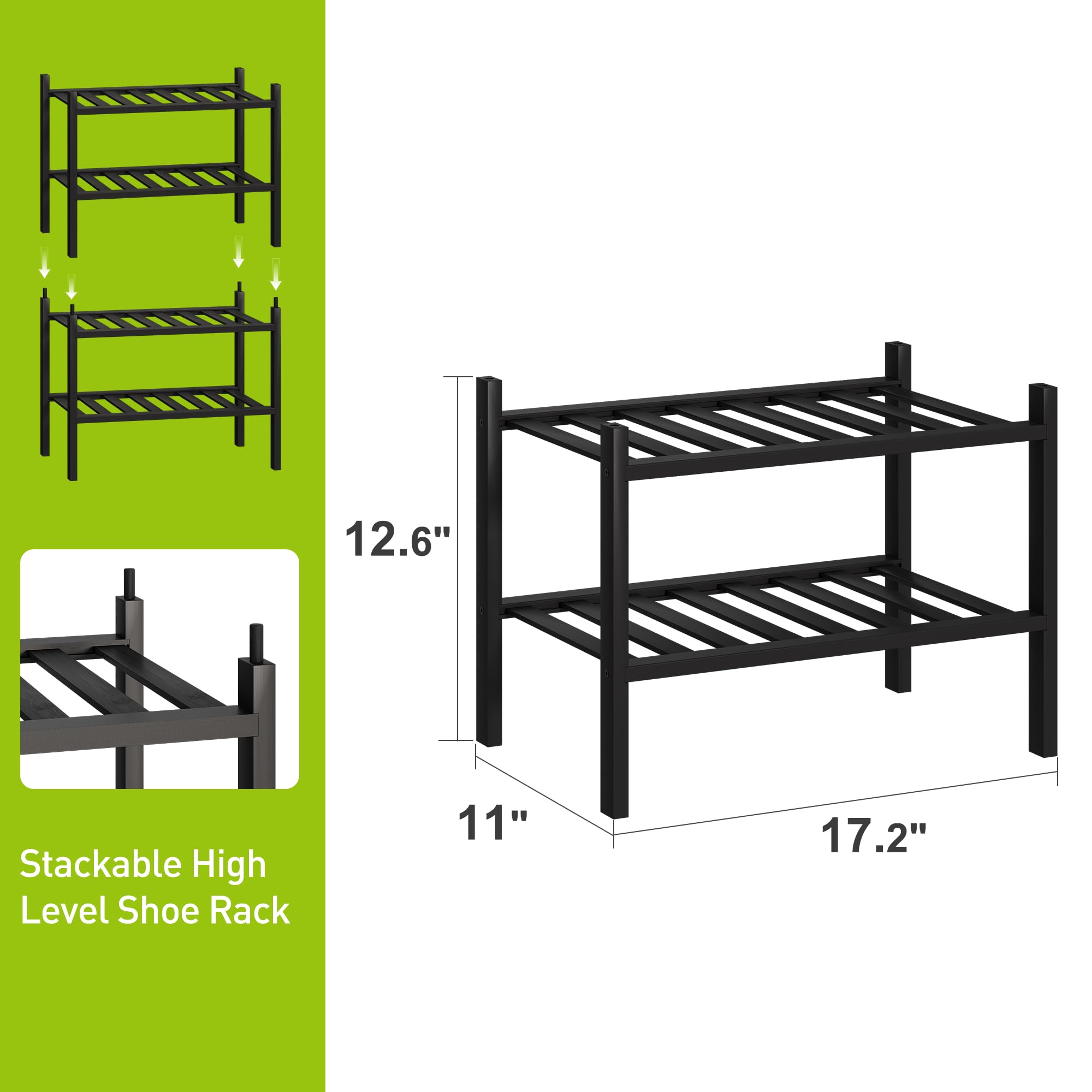 Premium 2-Tier Bamboo Shoe Rack - Stackable Shoe Storage Organizer for Hallway, Closet & Entryway - Space Saving Black Bamboo Shelf for Living Room, Bedroom & Dorm Organization