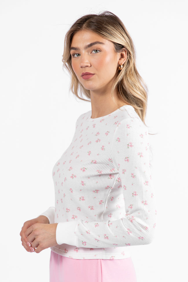 Lazy Floral Ivory and Pink Floral Print Waffle Layering Top | Women's Casual Blouse | Perfect for Spring Outfits & Boho Style
