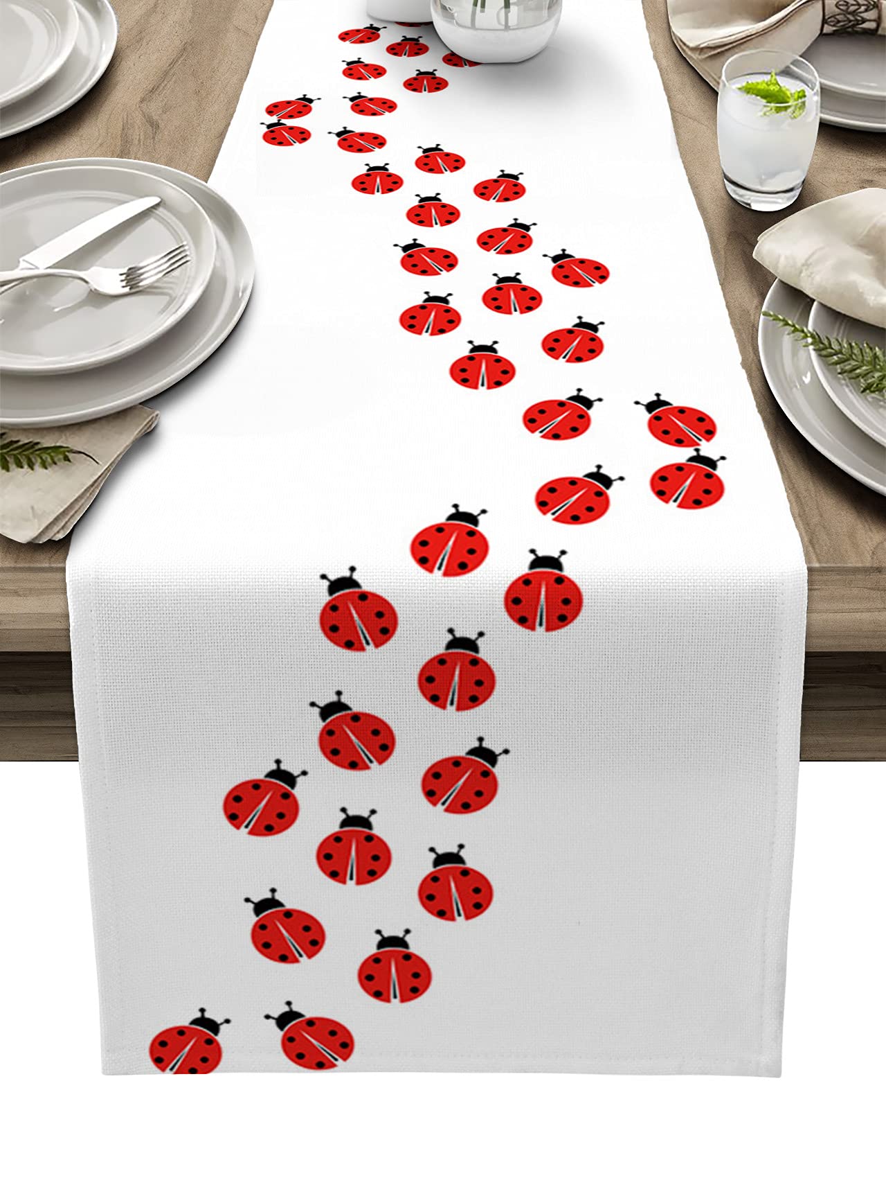 16x72 Inch Linen Burlap Table Runner - Ladybug Print Farmhouse Decor for Kitchen, Dining Table, Wedding & Holiday Parties | Elegant Dresser Scarf for Home Events & Seasonal Decorations