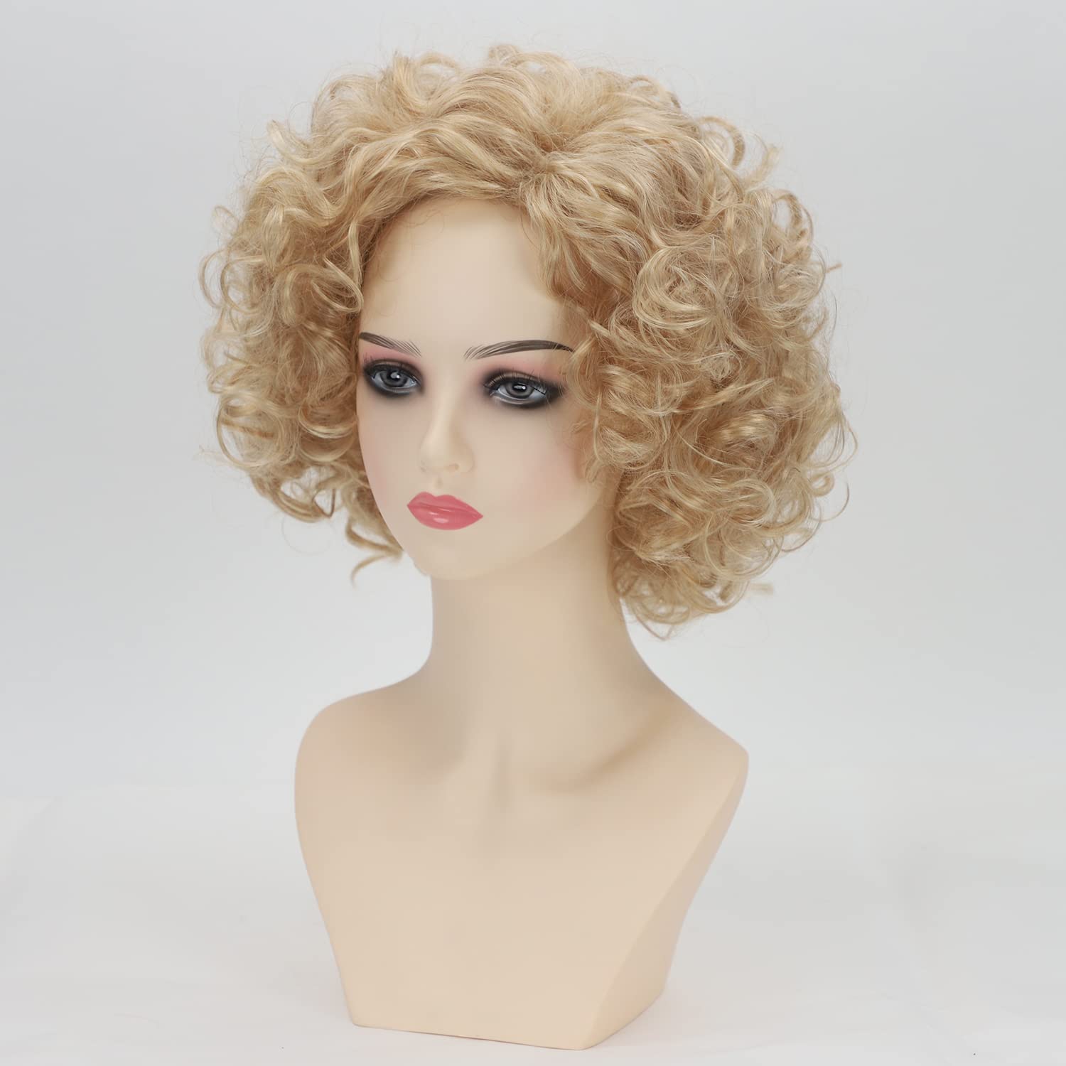 TISHINING Short Blonde Curly Wig with Bangs - Natural Looking Synthetic Heat Resistant Hair Replacement for Women | Perfect for Cosplay, Daily Wear & Costume Parties