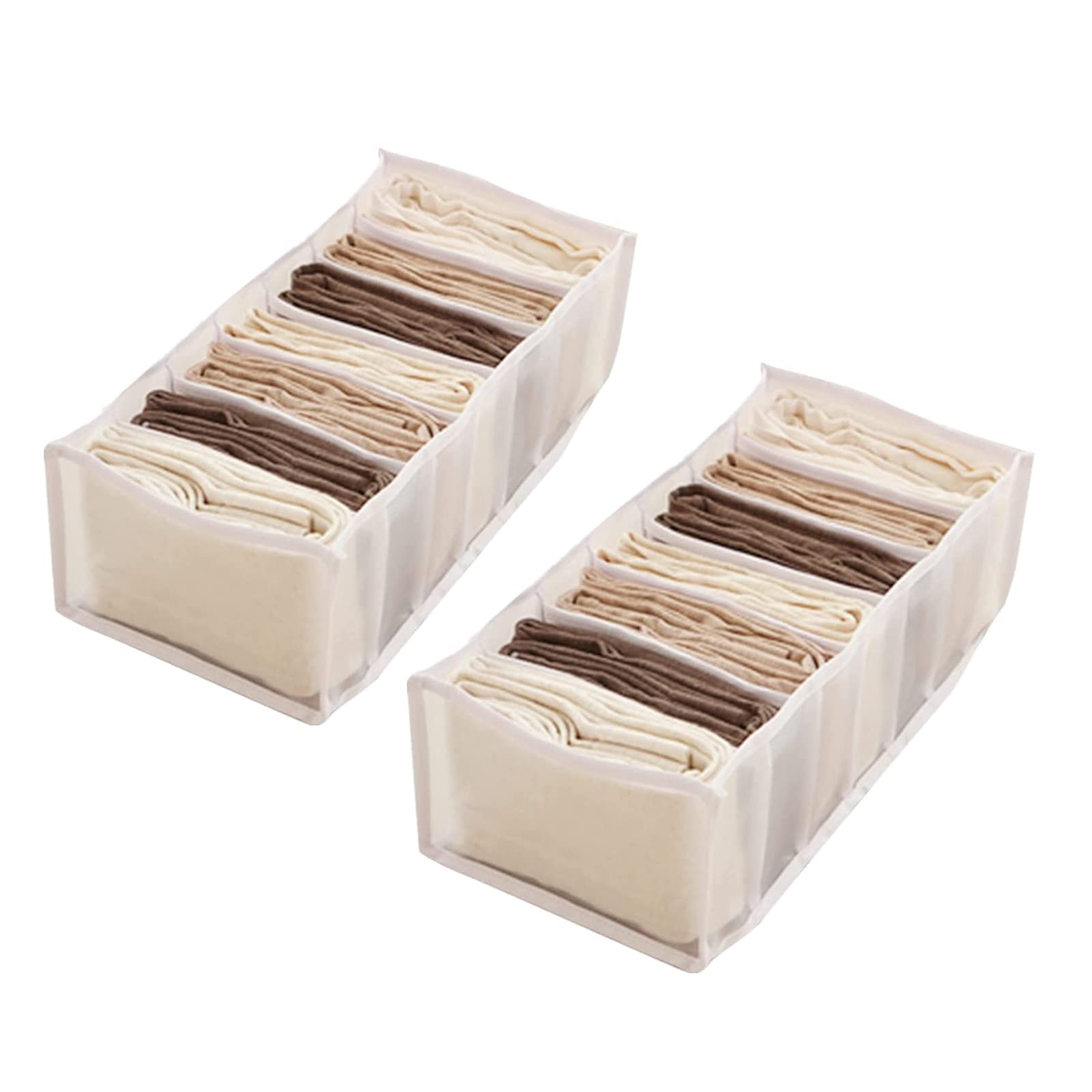 2-Pack Foldable Washable Drawer Organizer with 7 Compartments - High Capacity Closet Storage Box for Underwear, Socks, T-shirts & Jeans (Small, White) | Perfect for Bedroom, Closet & Travel Organization