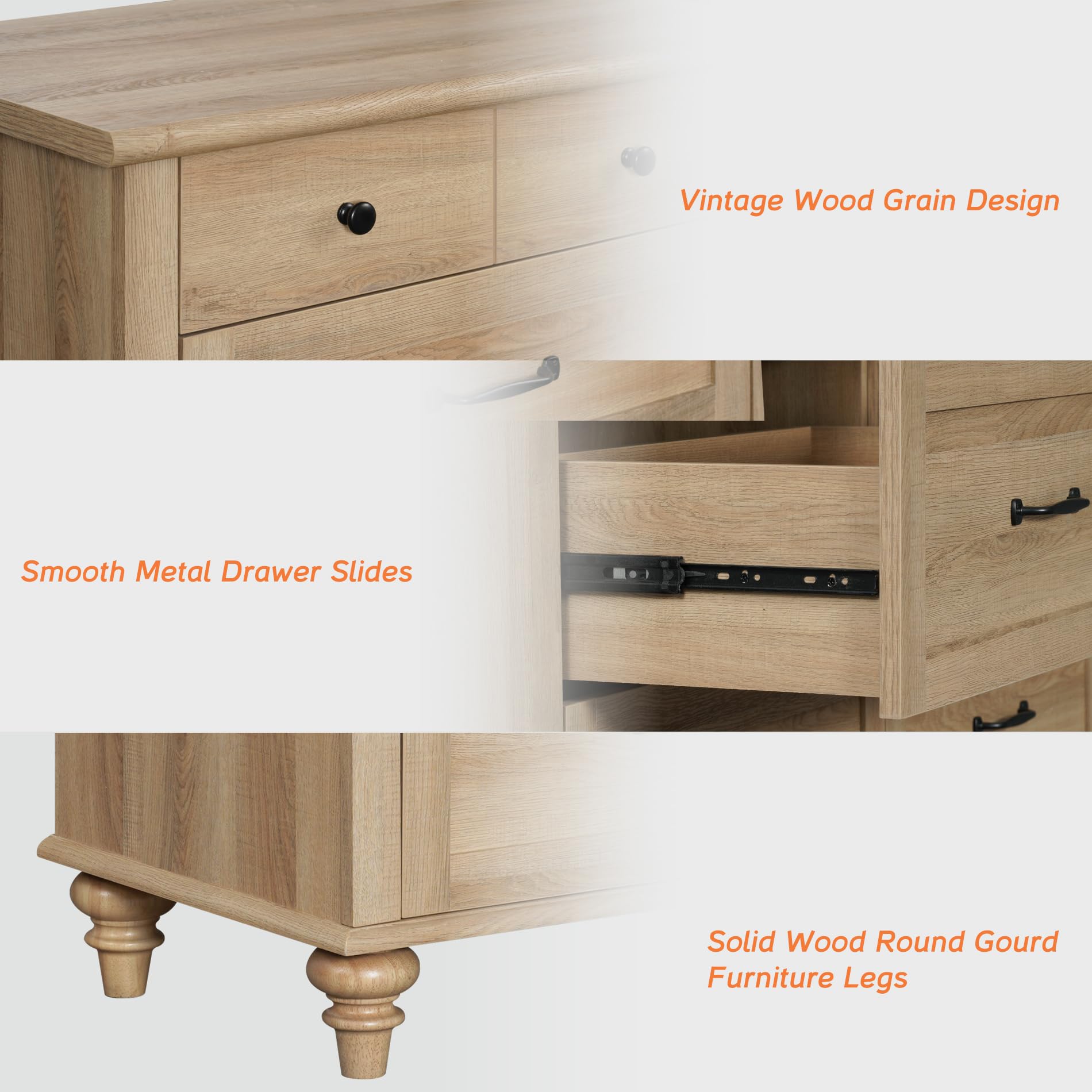 WAMPAT 3-Piece Farmhouse Bedroom Set - Oak Dresser with 5 Drawers & 2 Nightstands with Charging Stations - Rustic Wooden Chest of Drawers & End Tables for Master Bedroom Decor