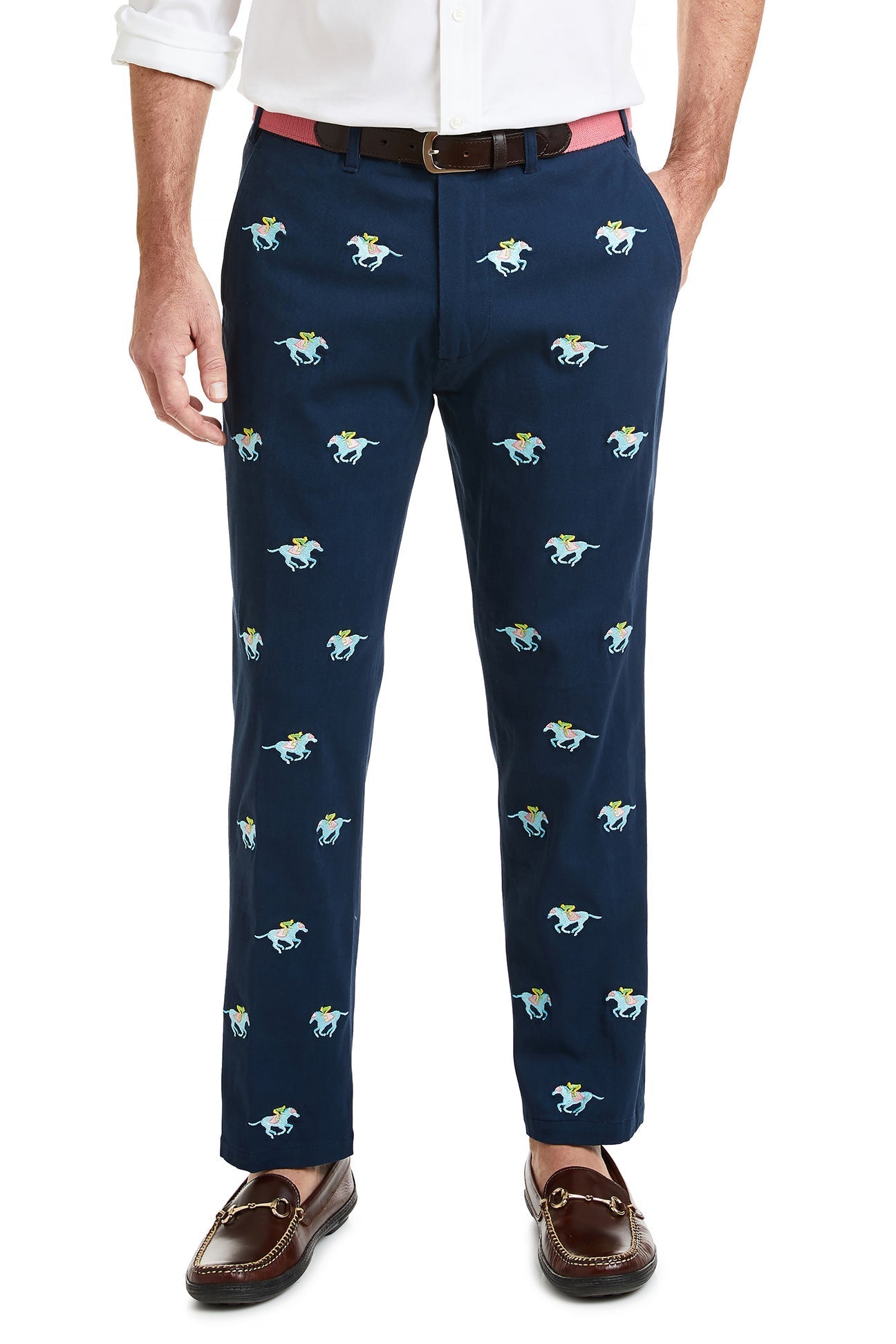 Stretch Twill Harbor Pant in Nantucket Navy with Pastel Racing Horses - Comfortable Casual Pants for Women, Perfect for Work, Travel & Everyday Wear