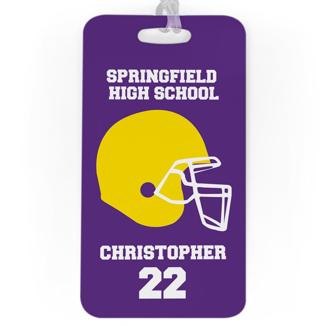 Personalized Football Team Helmet Luggage Tag - Large Purple & Yellow Baggage ID Tag with Standard Lines for Travel, Sports Events & Fan Gifts