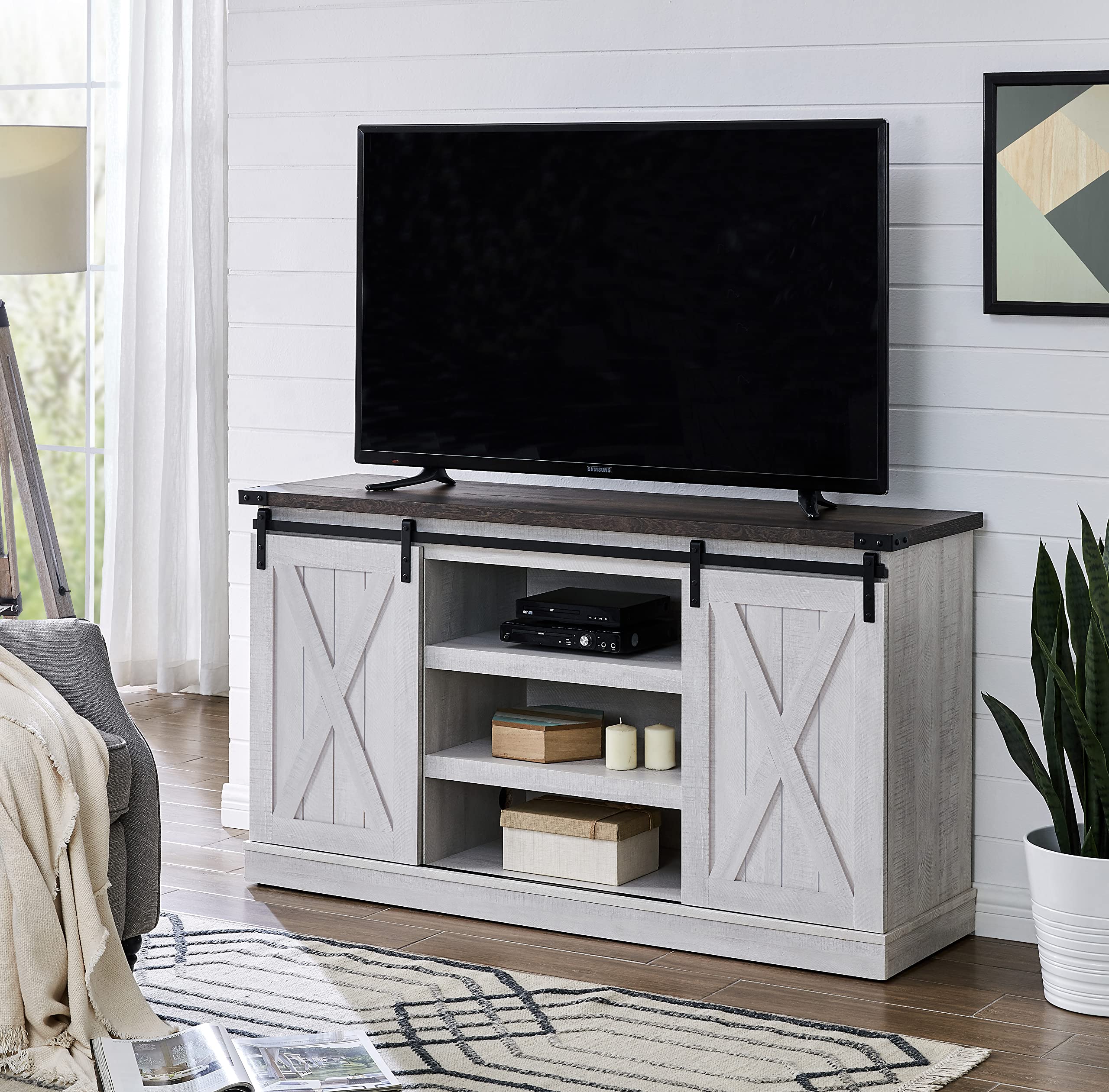 65 Inch Rustic Farmhouse Sliding Barn Door TV Stand - Wood Media Console with Storage Cabinet, Entertainment Center for Living Room, Bedroom, Ranch Style Home Decor