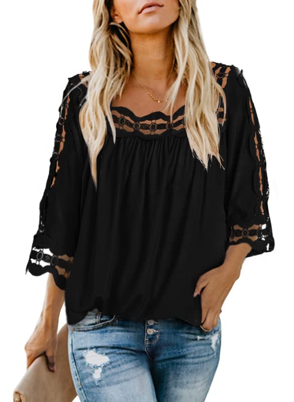 Dokotoo Women's 3/4 Sleeve Lace Crochet Blouse - Flowy Square Neck Solid Color Summer Top for Casual Wear, Date Night & Beach Outfits