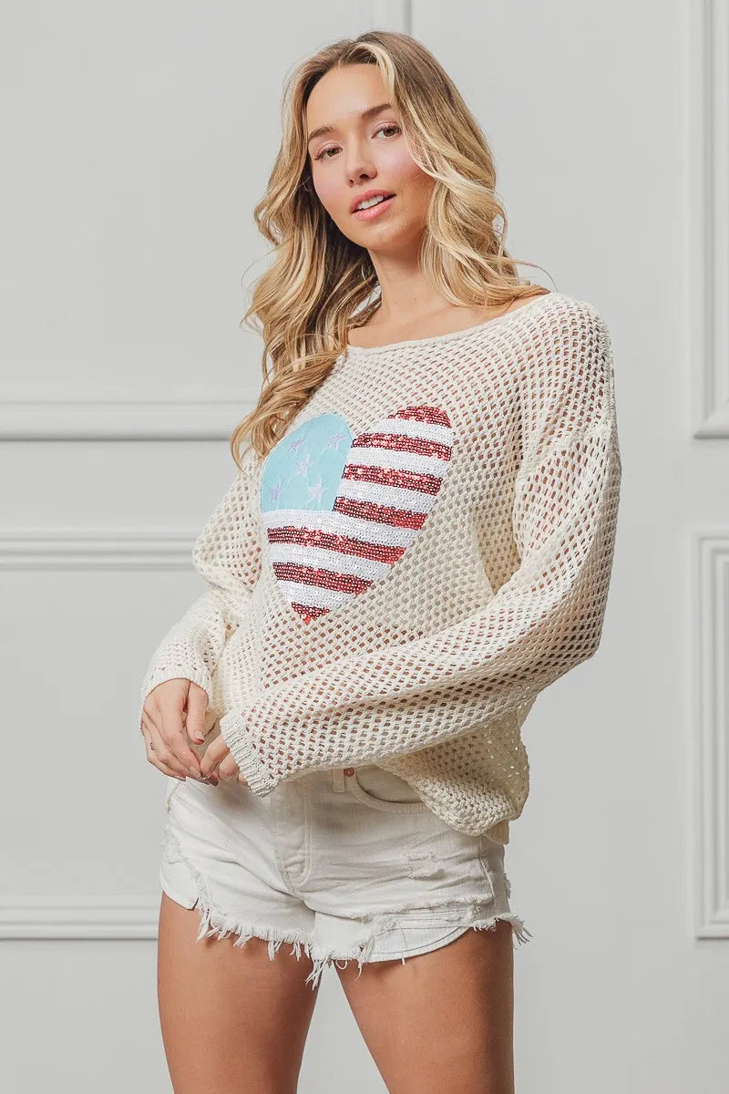 BiBi Sequin American Flag Heart Knit Up - Patriotic Fashion Sweater for Women, Perfect for 4th of July, Memorial Day & Independence Day Celebrations