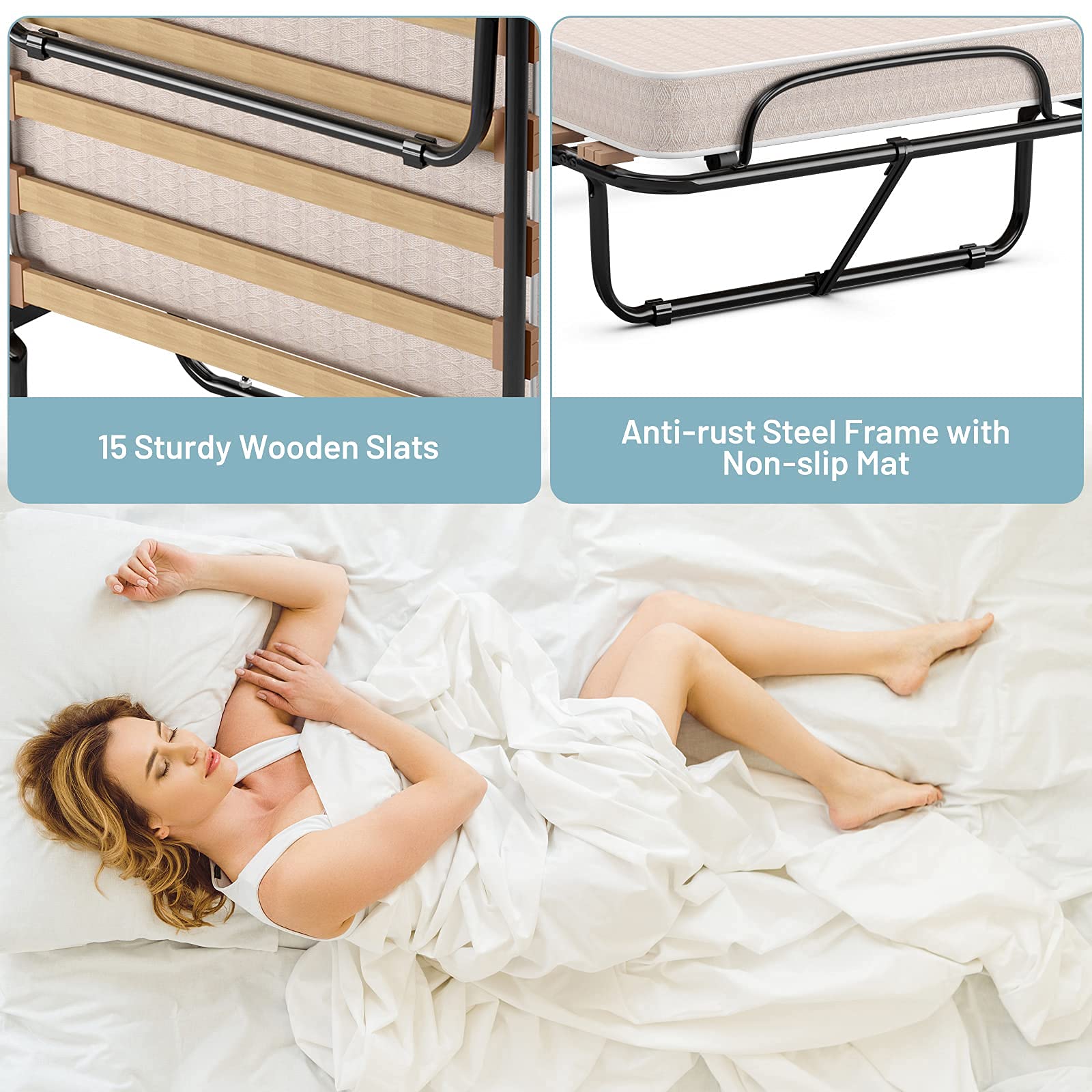 KOTEK Foldable Guest Bed with Memory Foam Mattress - Portable Rollaway Bed with Sturdy Metal Frame - Italian Made Space-Saving Folding Bed for Home, Office & Travel - Perfect for Spare Rooms, Sleepovers & Small Spaces