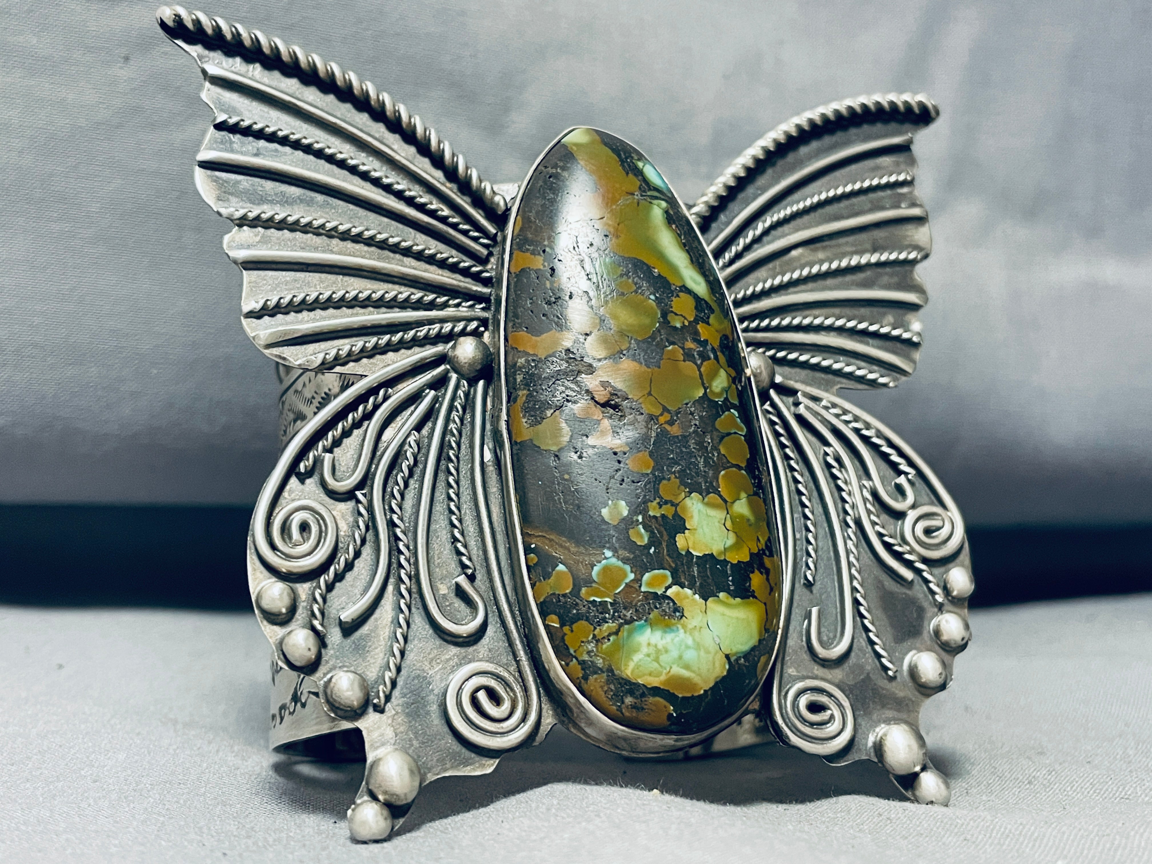 184g Authentic Navajo Sterling Silver Butterfly Bracelet with Green Turquoise – Handmade Native American Jewelry for Women, Perfect for Gifts, Boho Fashion & Special Occasions
