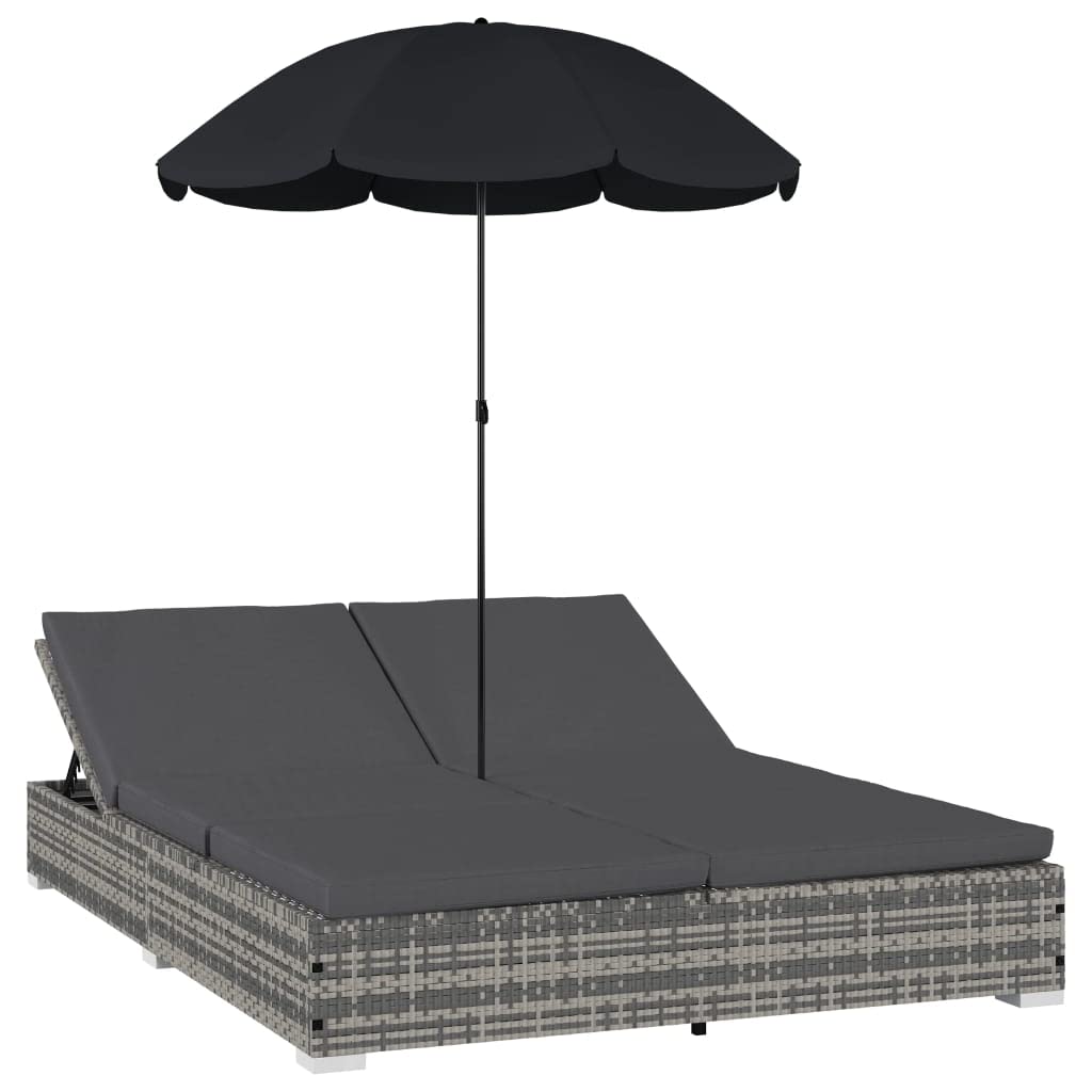 vidaXL Double Chaise Lounge Patio Daybed with Umbrella - Adjustable Outdoor Sun Lounger in Gray Poly Rattan, Waterproof & UV-Resistant - Perfect for Poolside Relaxation, Backyard Lounging, and Outdoor Sunbathing
