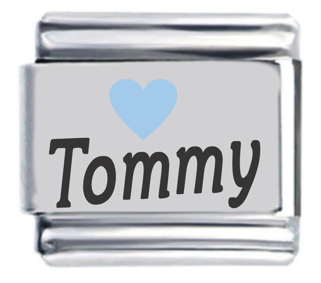 Tommy Light Blue Heart Laser Name Italian Charm Link Bracelet - Personalized Name Jewelry for Women, Girls - Perfect Gift for Valentine's Day, Anniversary & Special Occasions