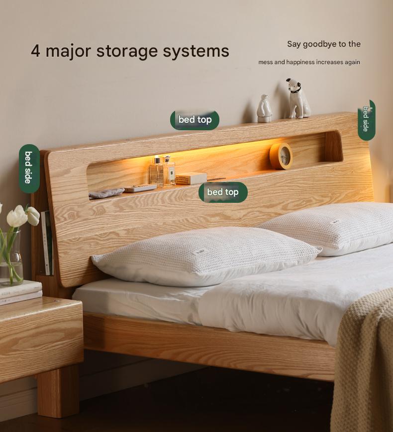 Solid Oak and Beech Wood Bed with Built-in LED Lights and Bookshelf - Modern Bedroom Furniture for Small Spaces, Lofts, and Studio Apartments