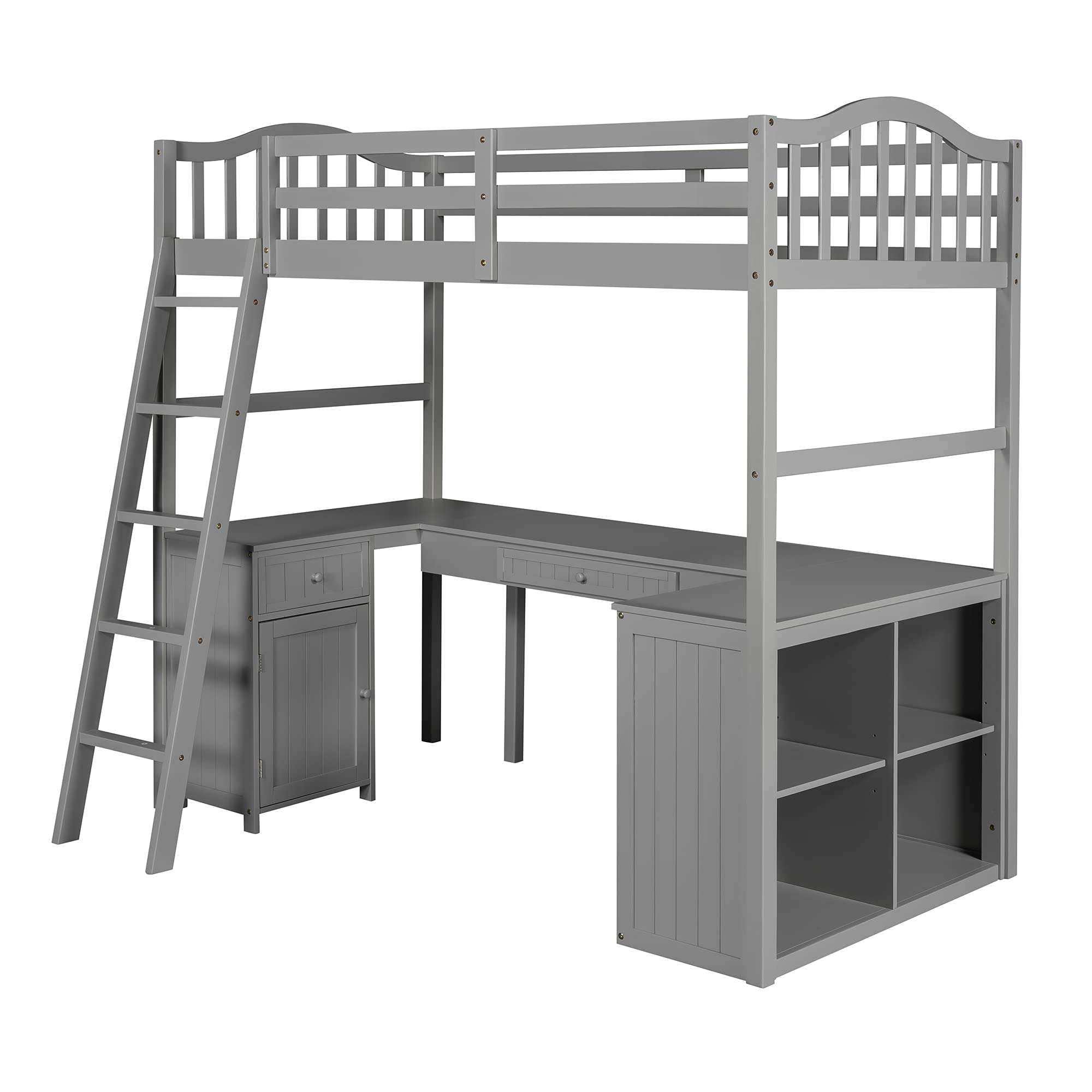 Merax Twin Loft Bed with Cabinet & Desk - Solid Wood Loft Bed Frame with Shelves - Space-Saving Grey Twin Size Loft Bed for Kids & Teens - Perfect for Small Bedrooms, Dorms & Studio Apartments