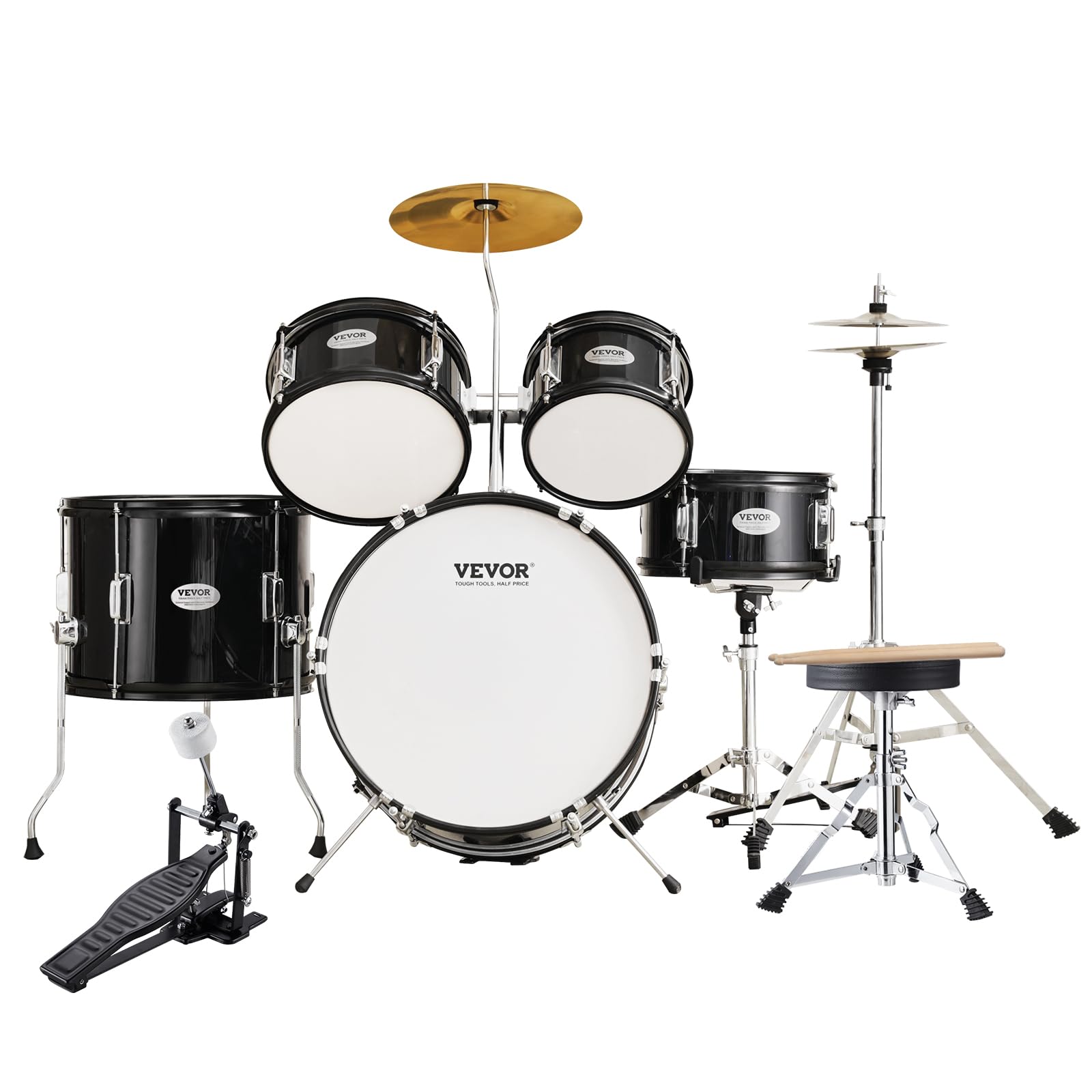 VEVOR 5-Piece Junior Drum Set for Kids & Beginners - 16 Inch Adjustable Drum Kit with Throne, Sticks, Cymbal, Pedal, Tom Snare Bass - Perfect Starter Drumset for Children's Music Practice & Home Play (Black)