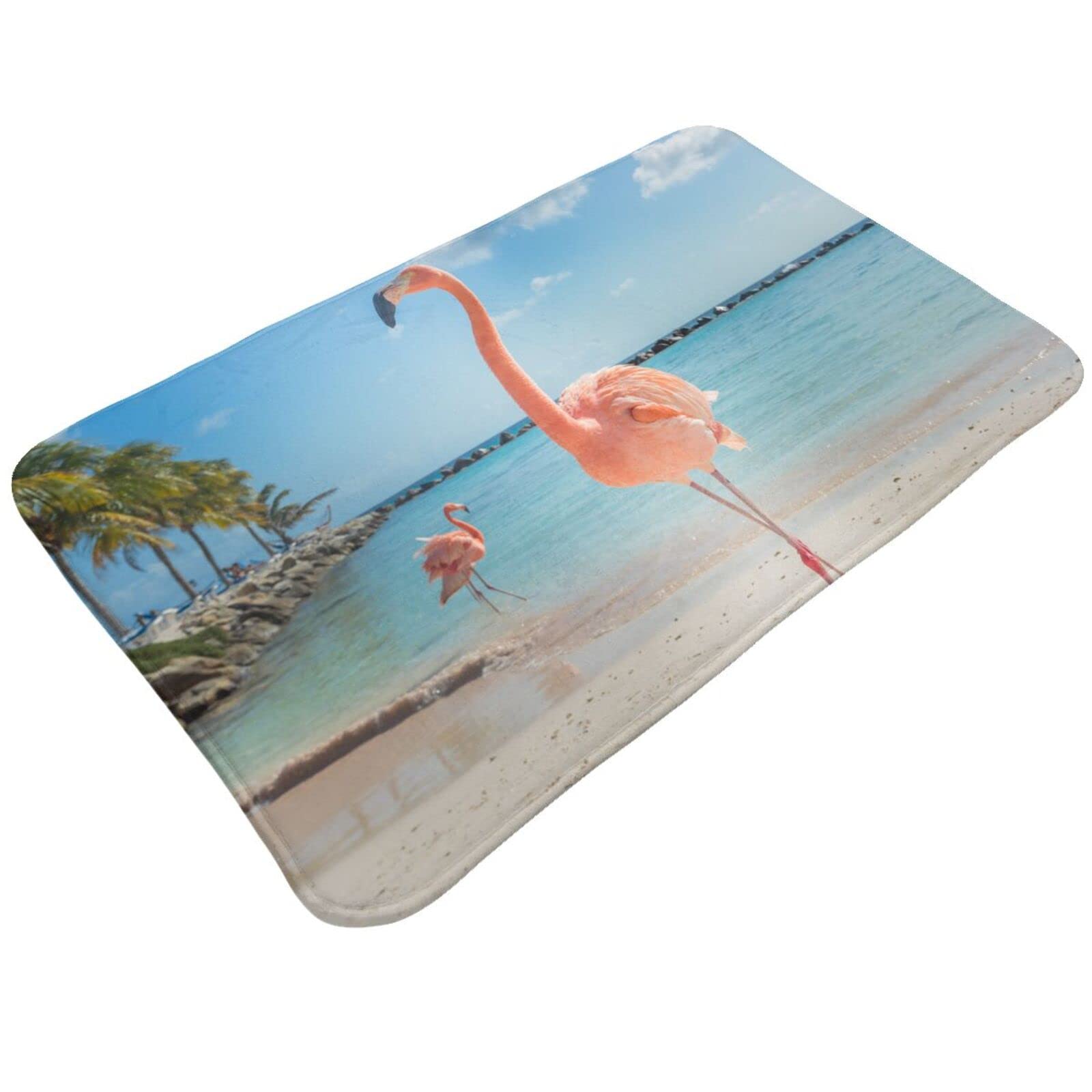 BoeHiop Flamingo on Beach Bath Mat - Soft Non-Slip Bathroom Rug for Indoor & Outdoor Use, Absorbent Doormat for Kitchen, Entryway, Poolside - Home Decor 20x31.5 Inch - Perfect for Beach House, Bathroom, Patio & Laundry Room Decor