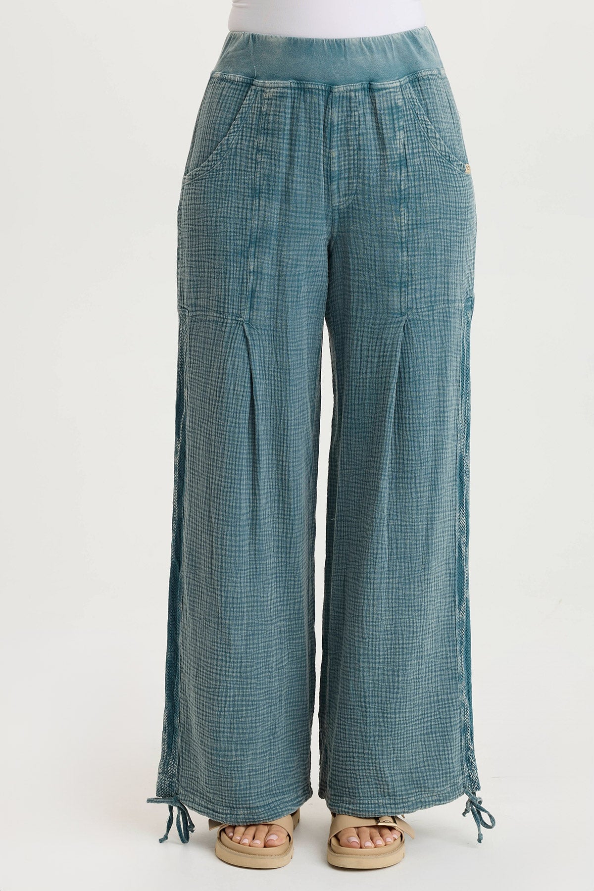 Lenka Gauze Cinched Wide Leg Pants - Women's Boho Loose Fit High Waisted Palazzo Trousers for Summer, Beach, and Casual Outings