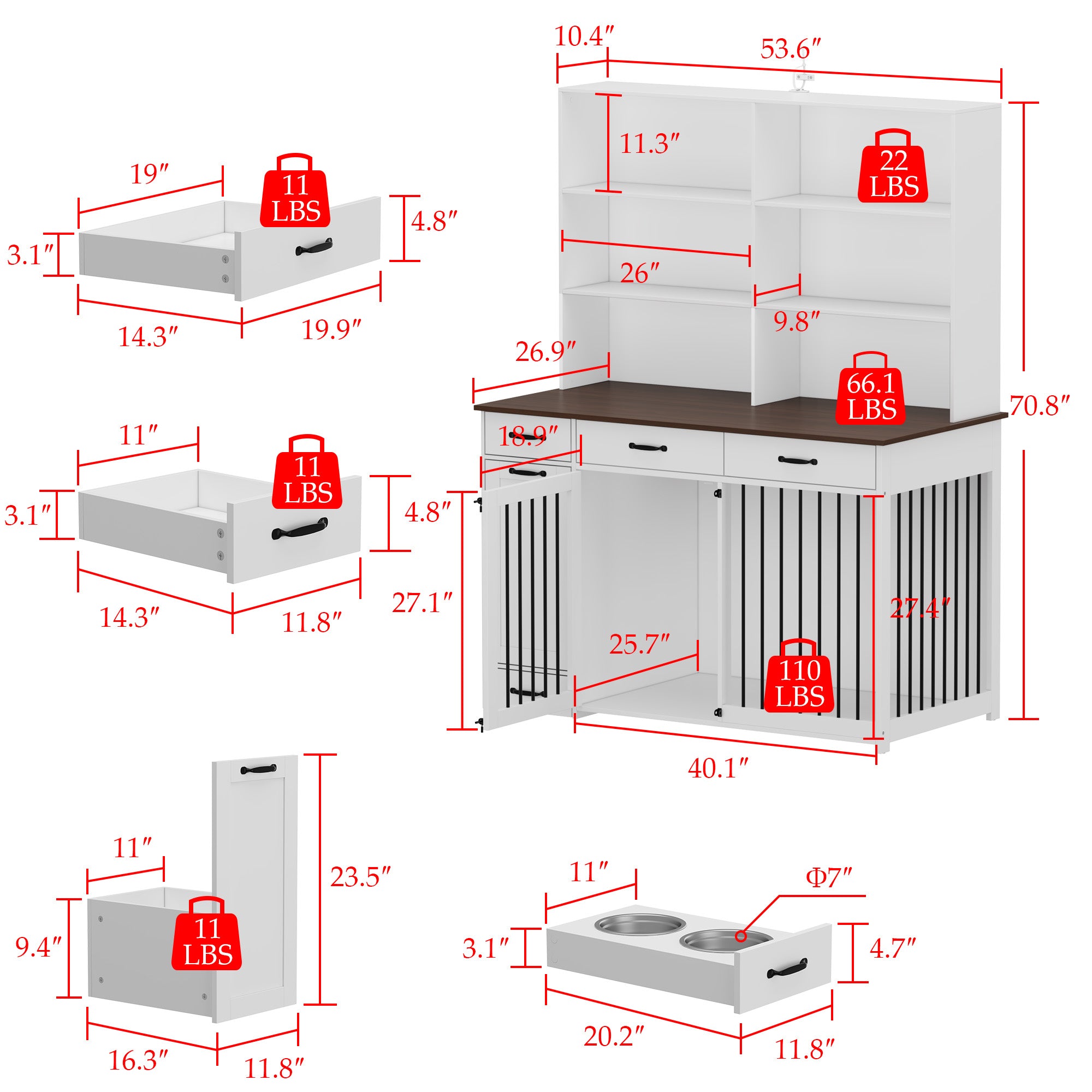 Sturdy Dog Crate with Removable Shelf & Food Bowl Storage - Perfect for Home, Travel & Training | Durable Pet Cage with Convenient Storage Drawers